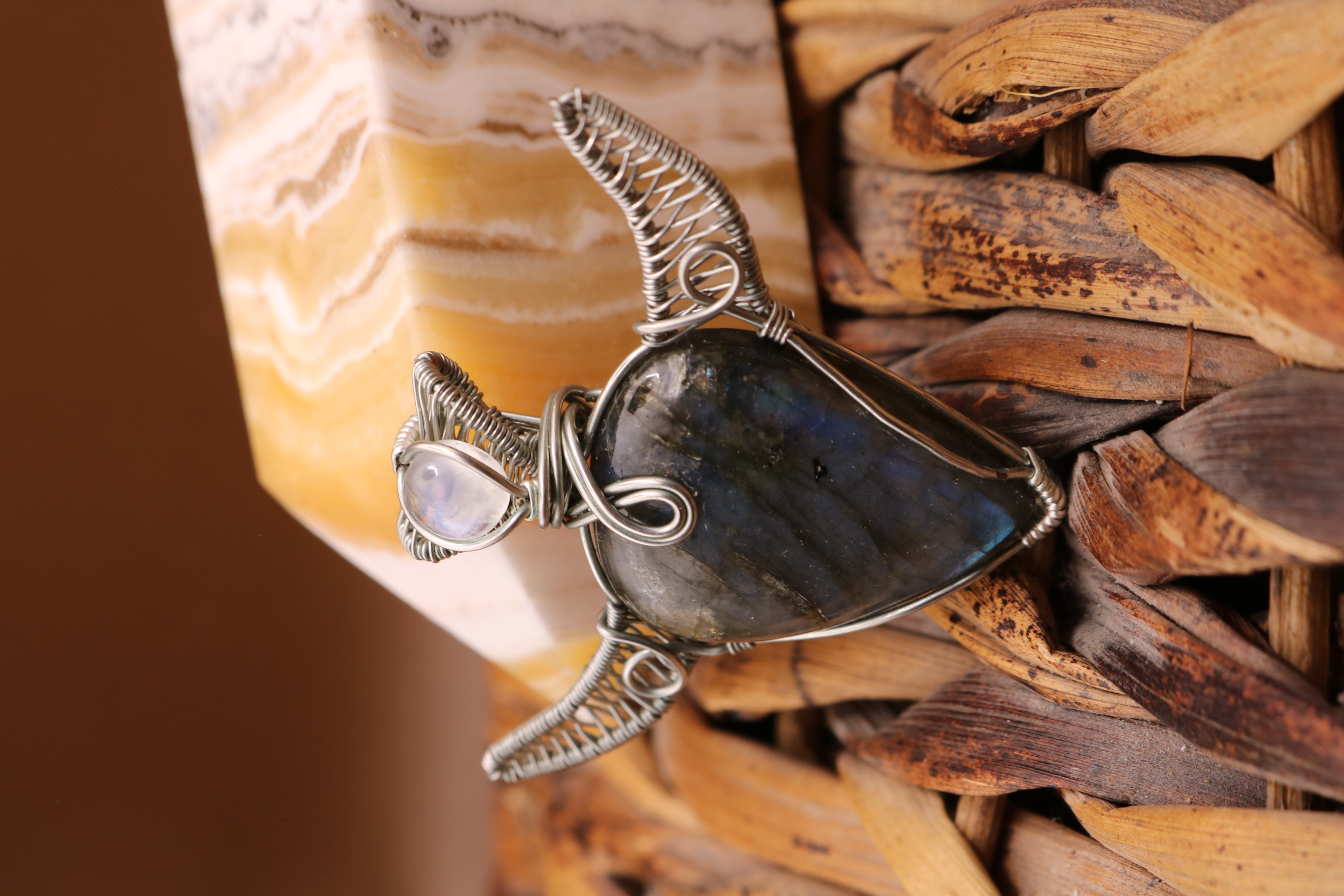 Silver Wire Wrapped Labradorite and Moonstone Crystal Bull Skull Necklace Pendant