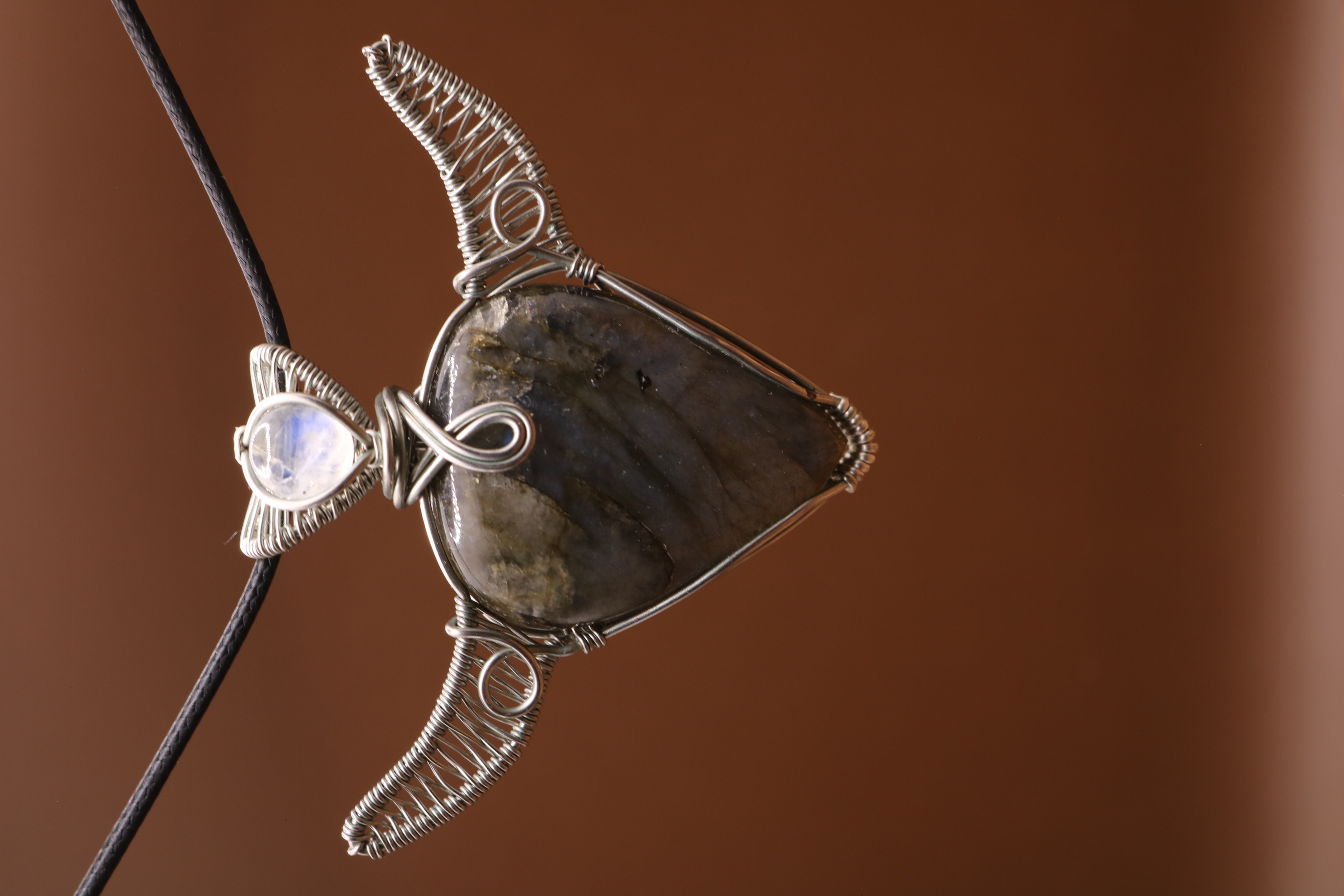 Silver Wire Wrapped Labradorite and Moonstone Crystal Bull Skull Necklace Pendant