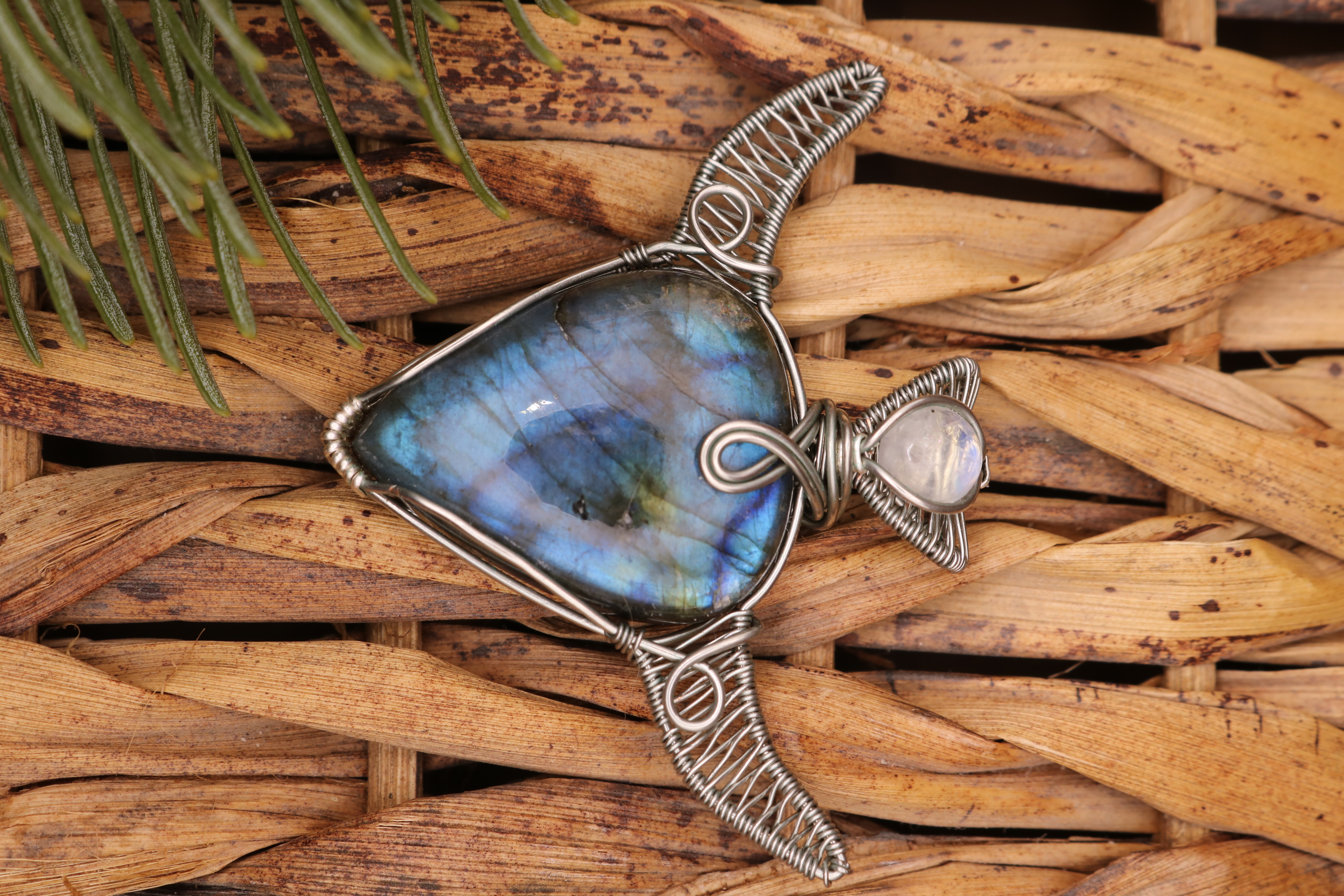 Silver Wire Wrapped Labradorite and Moonstone Crystal Bull Skull Necklace Pendant