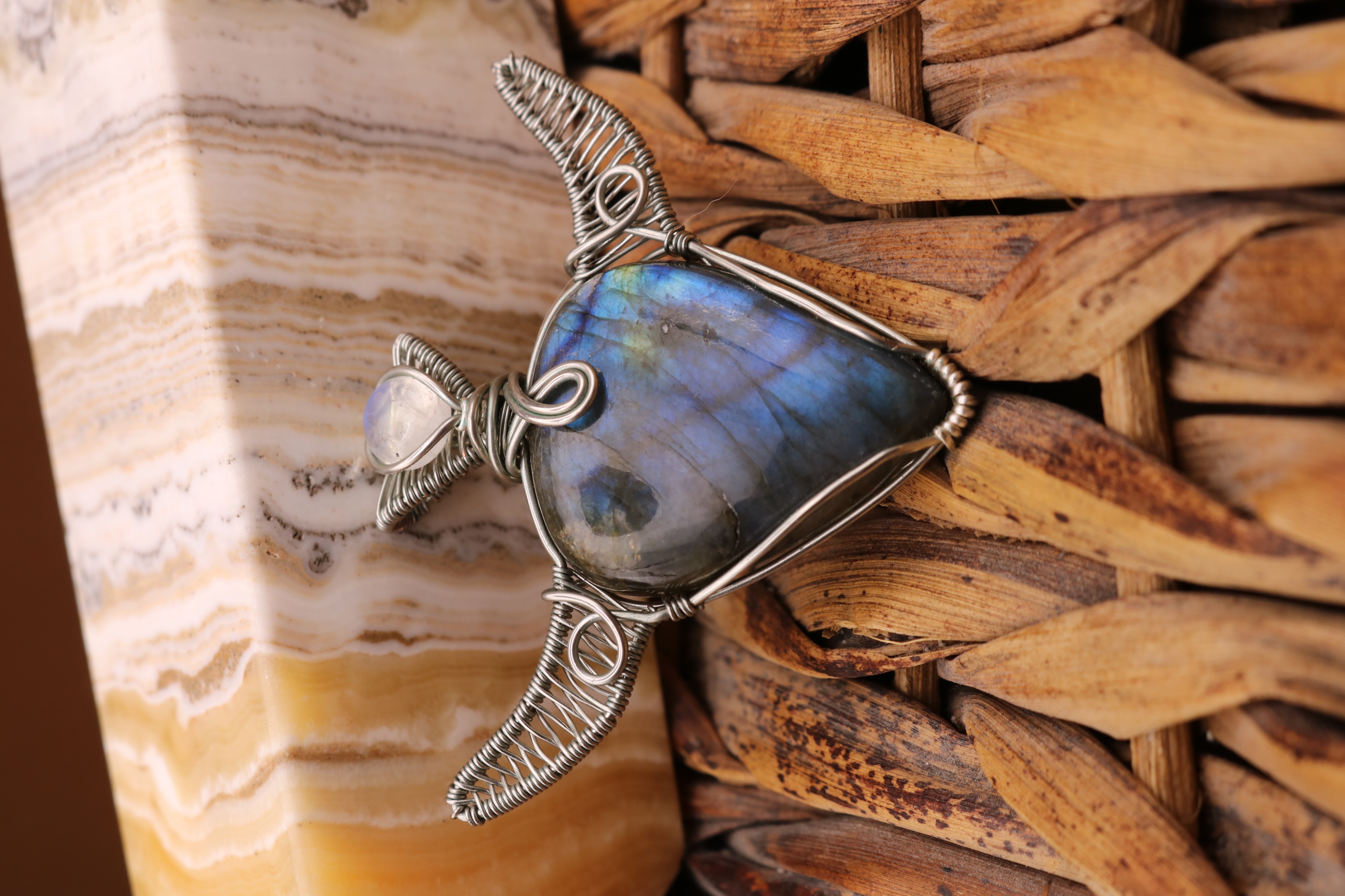 Silver Wire Wrapped Labradorite and Moonstone Crystal Bull Skull Necklace Pendant