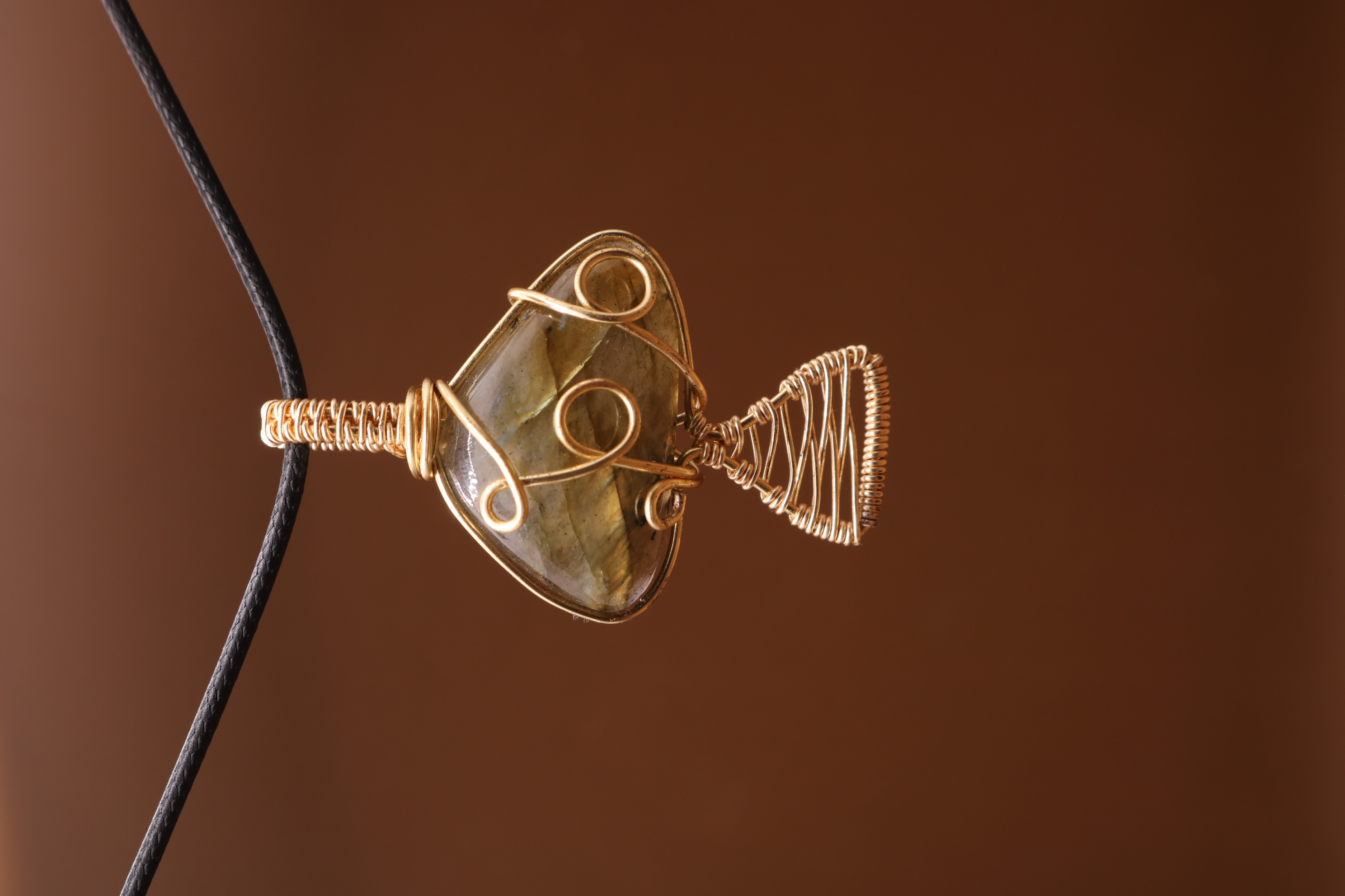 Gold Wire Wrapped Labradorite Crystal Mushroom Necklace Pendant