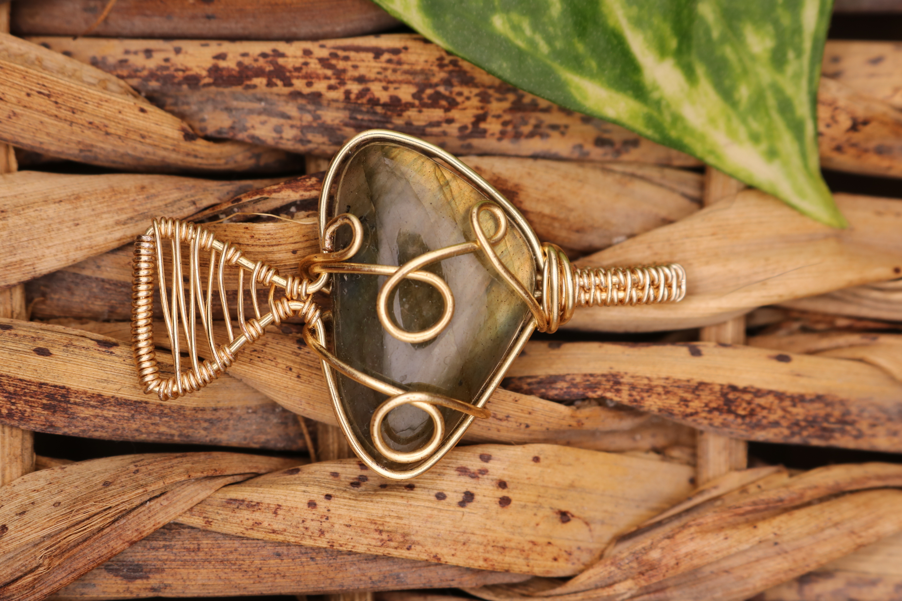 Gold Wire Wrapped Labradorite Crystal Mushroom Necklace Pendant