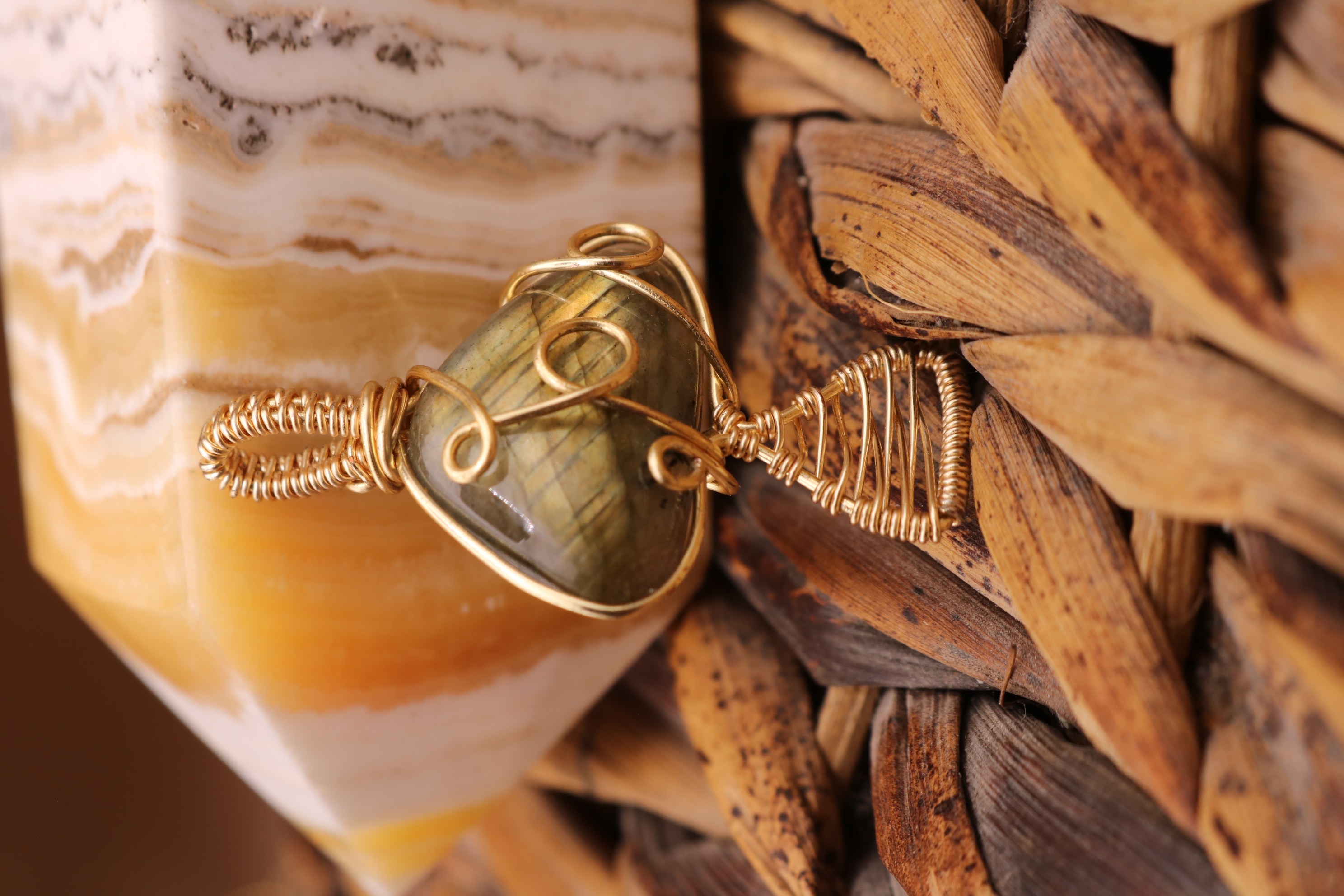 Gold Wire Wrapped Labradorite Crystal Mushroom Necklace Pendant