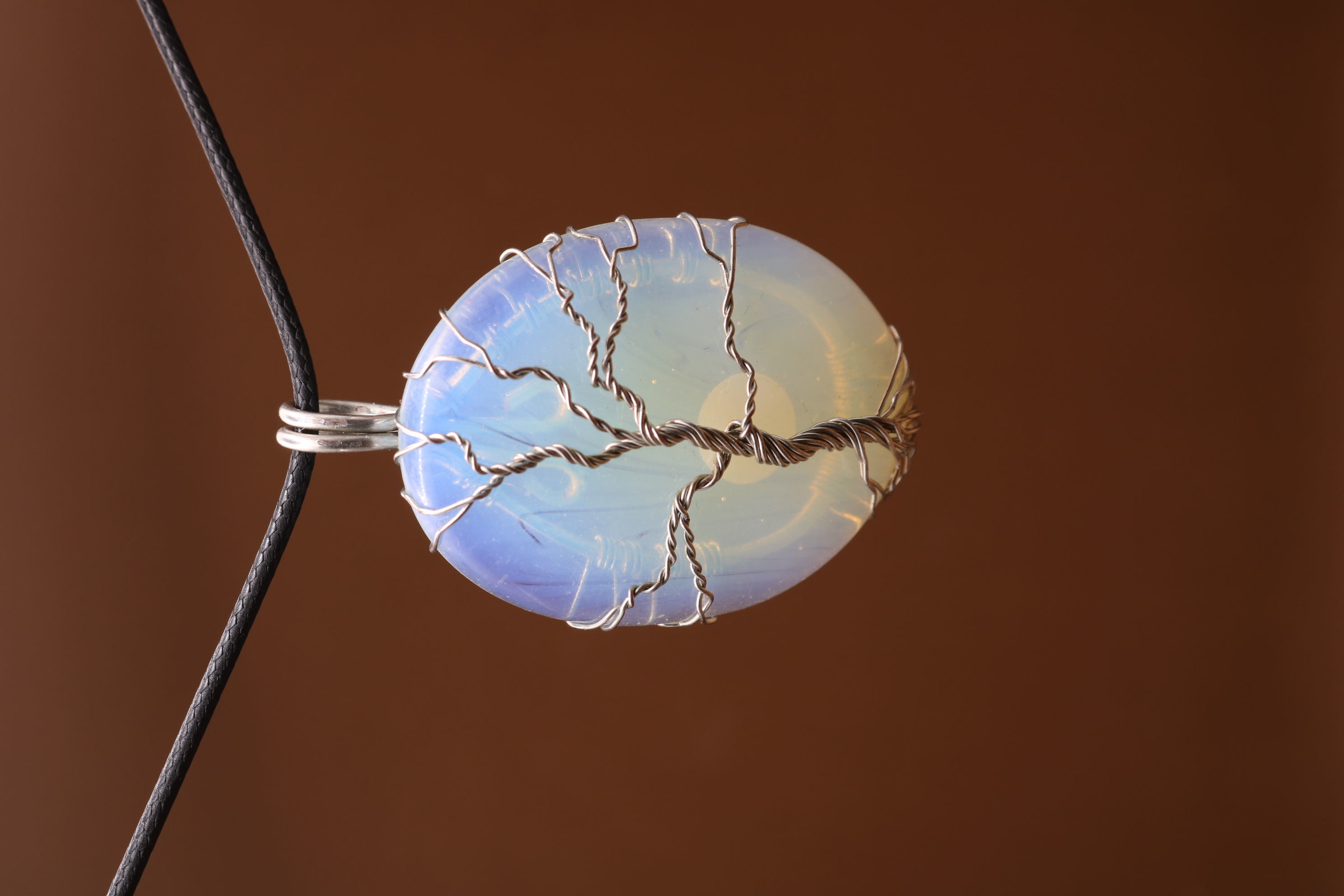 Silver Wire Wrapped Opalite Crystal Tree of Life Necklace Pendant