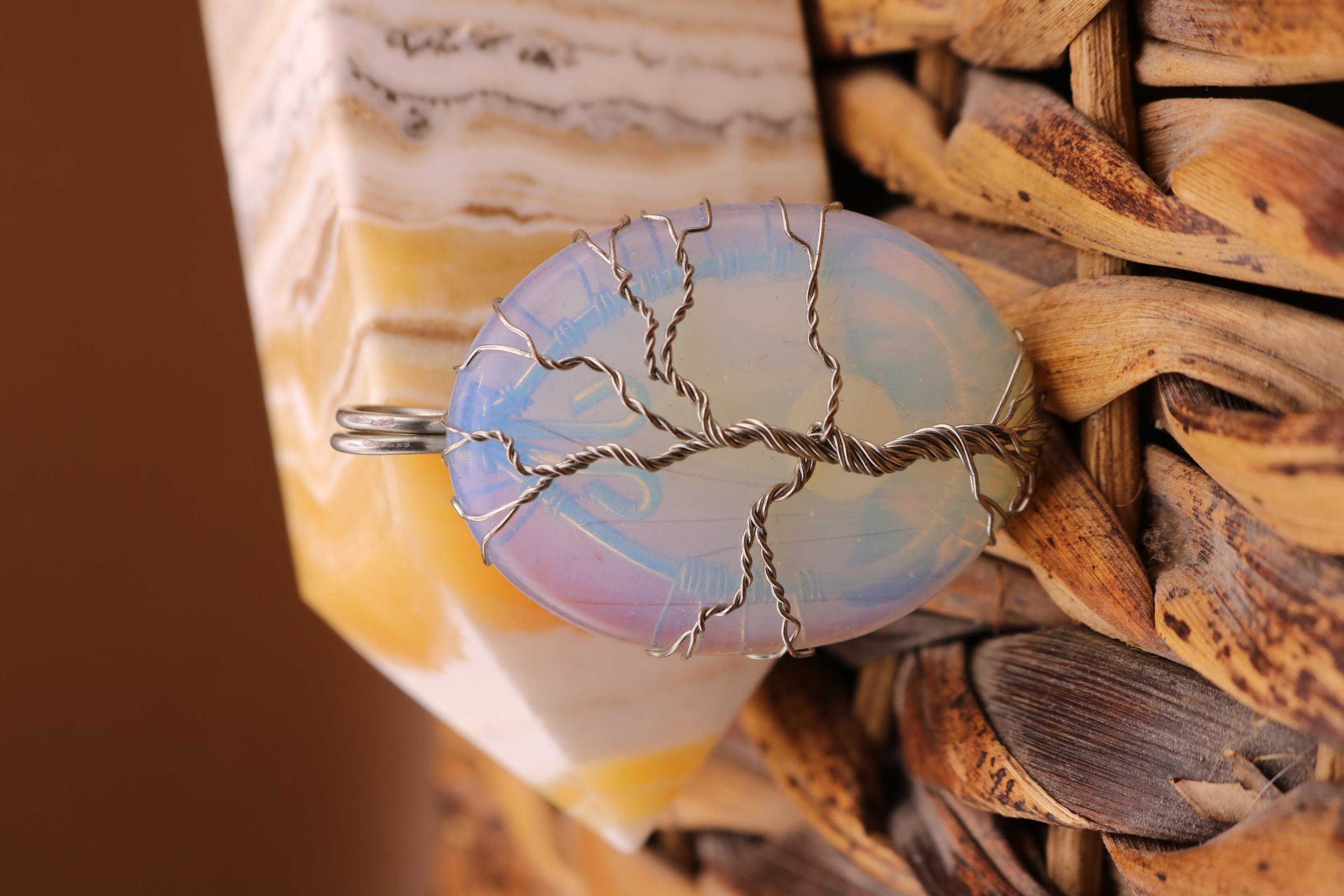 Silver Wire Wrapped Opalite Crystal Tree of Life Necklace Pendant