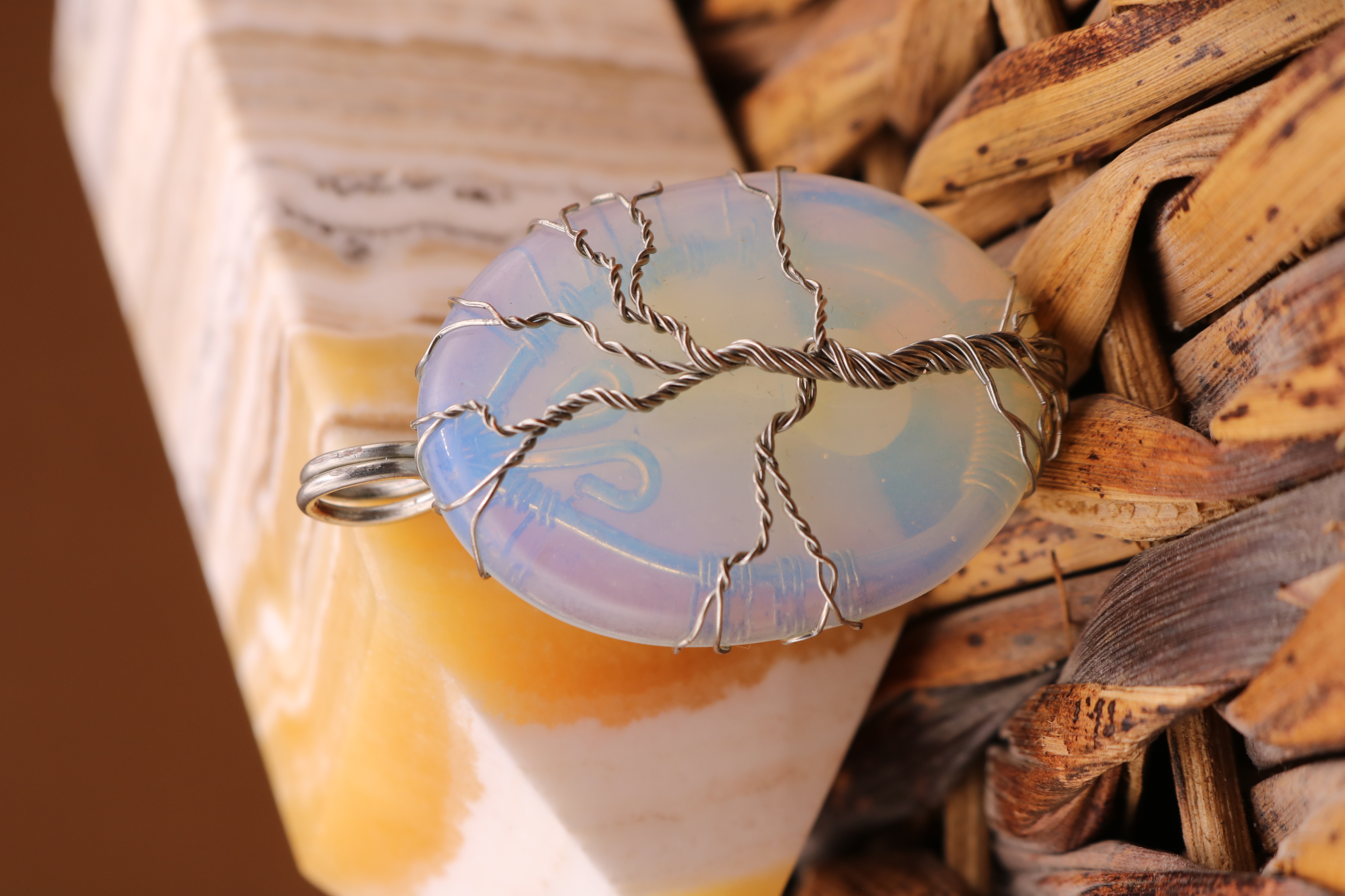 Silver Wire Wrapped Opalite Crystal Tree of Life Necklace Pendant