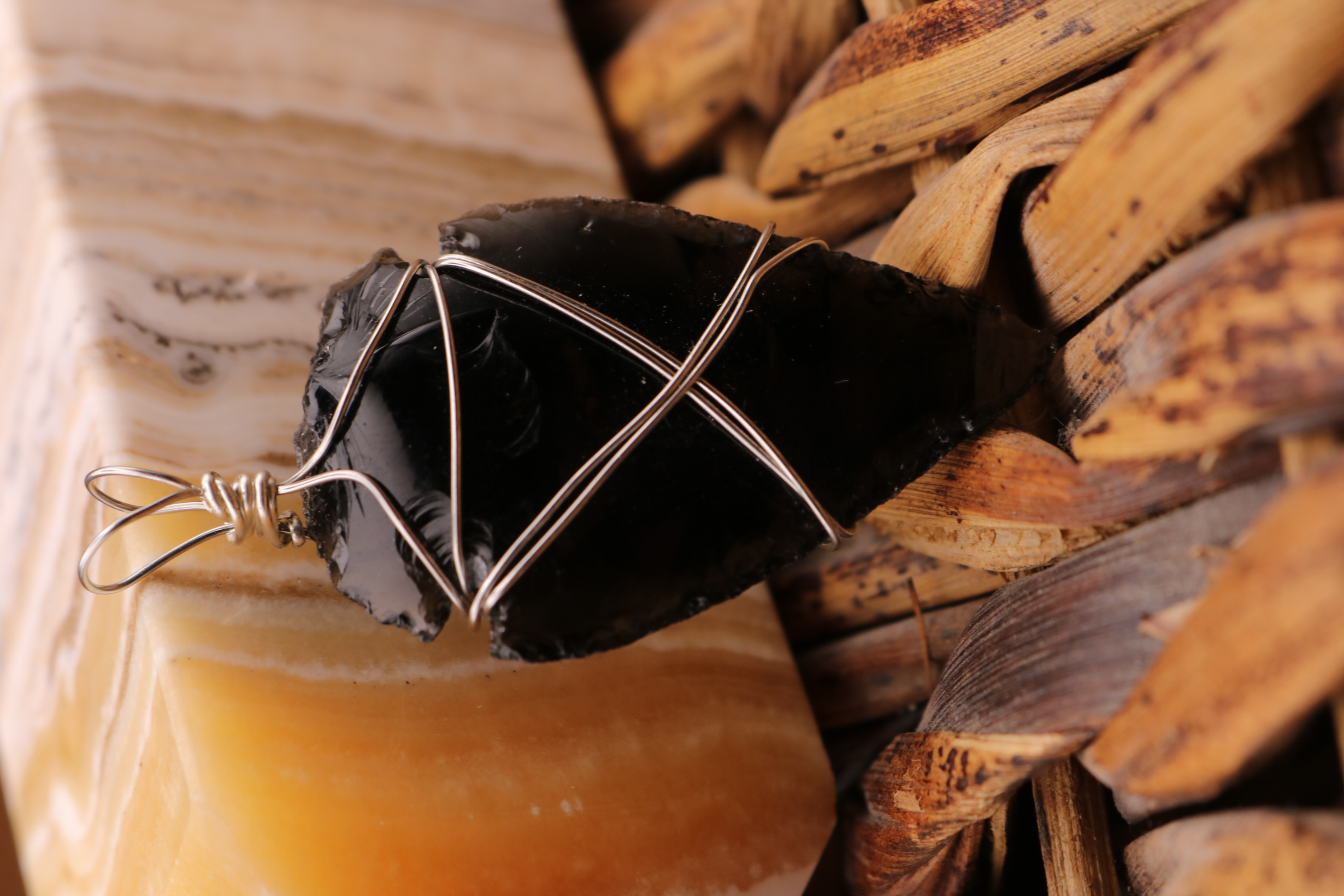 Silver Wire Wrapped Obsidian Crystal Arrowhead Necklace Pendant