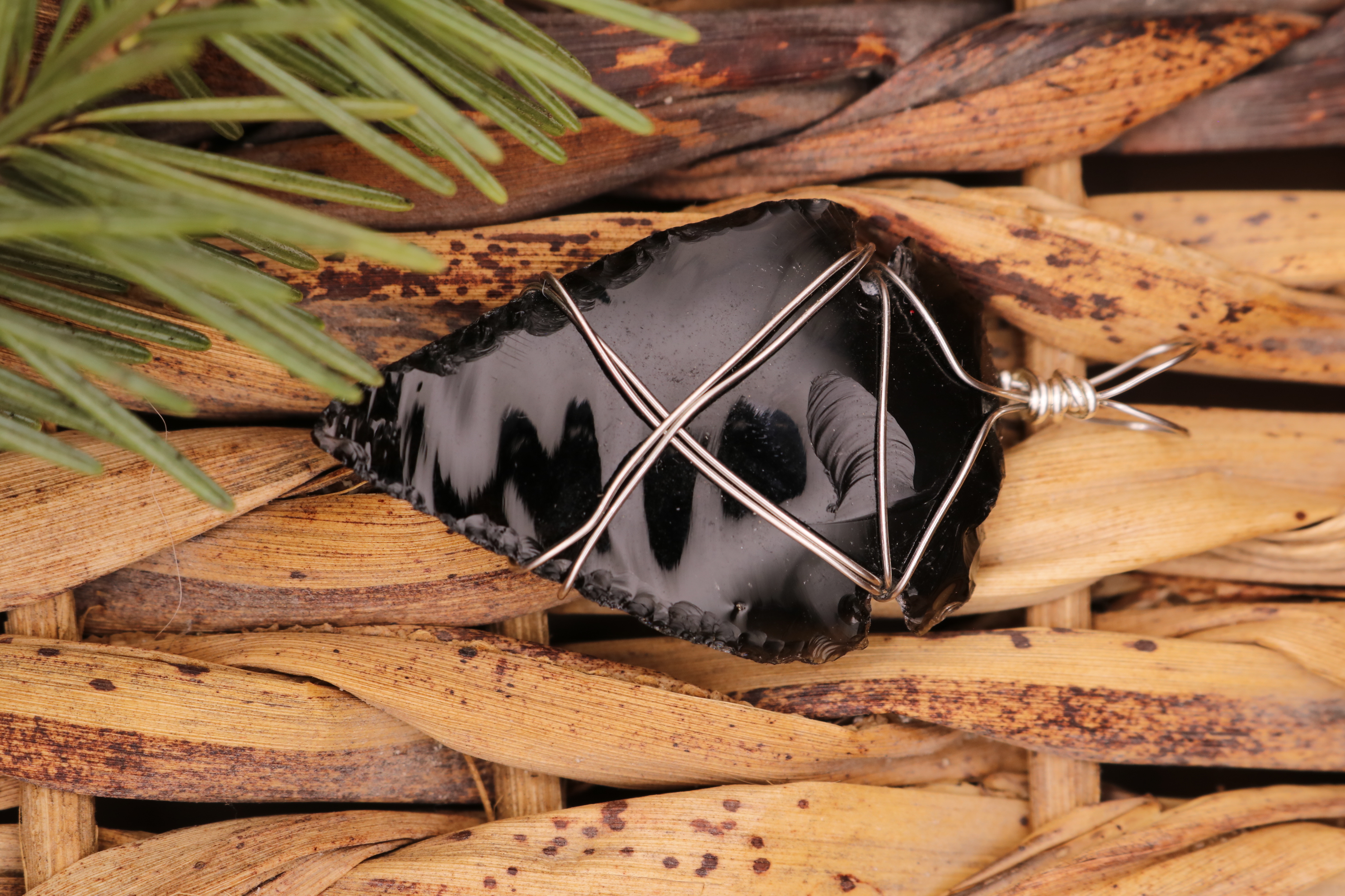 Silver Wire Wrapped Obsidian Crystal Arrowhead Necklace Pendant
