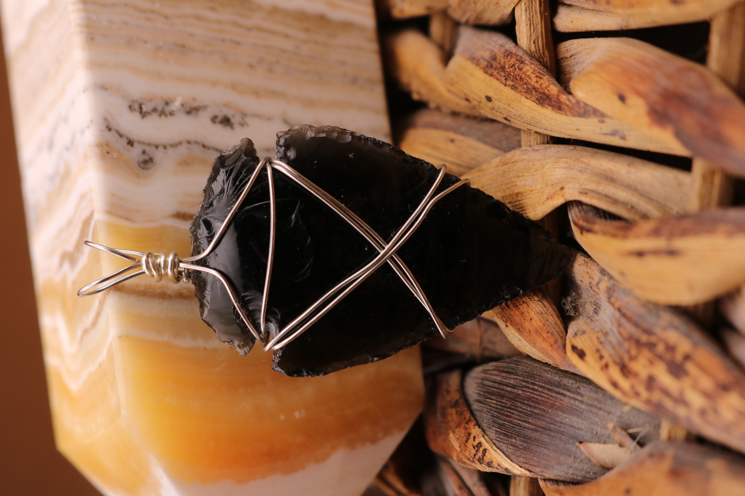 Silver Wire Wrapped Obsidian Crystal Arrowhead Necklace Pendant