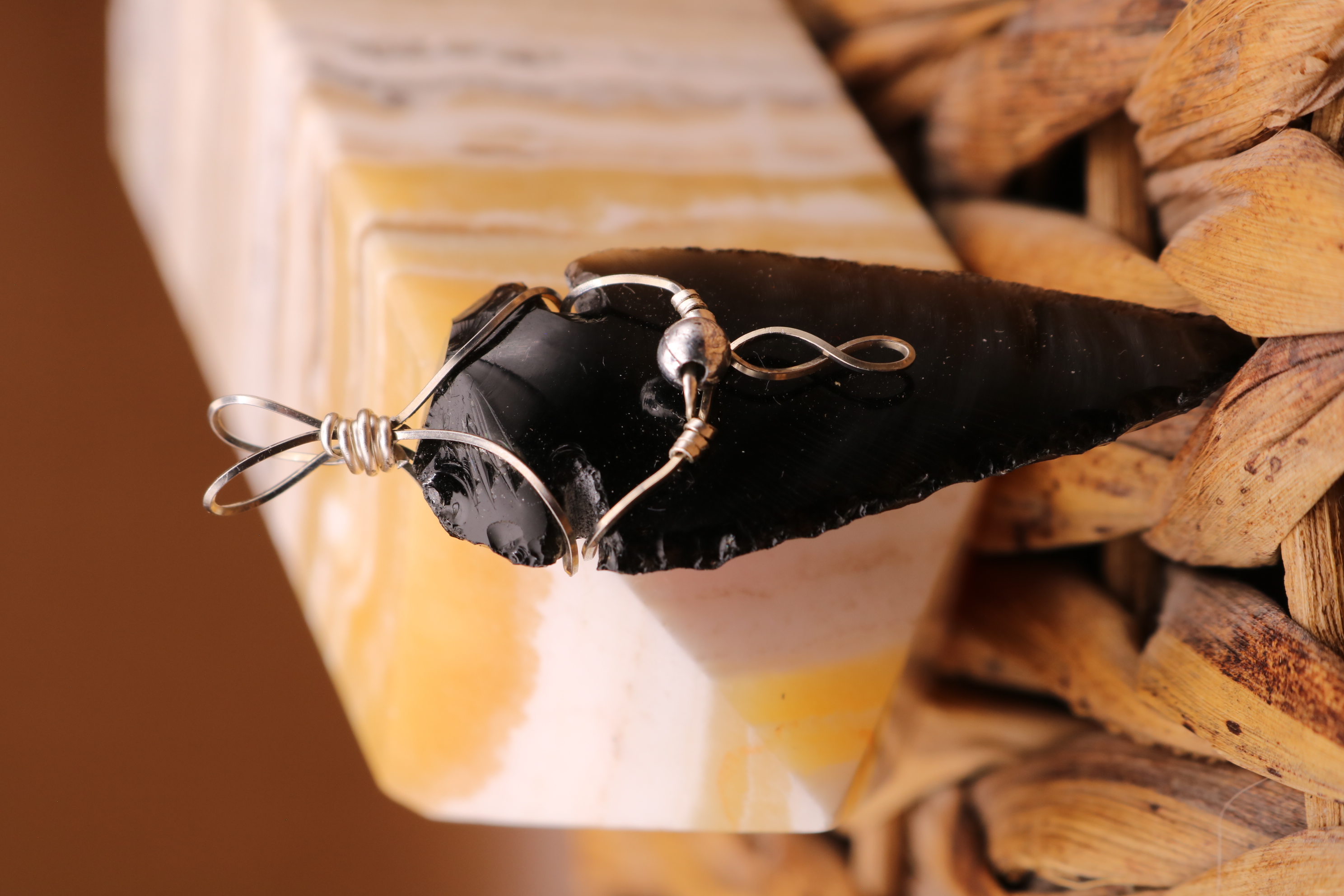 Silver Wire Wrapped Obsidian Crystal Arrowhead Necklace Pendant