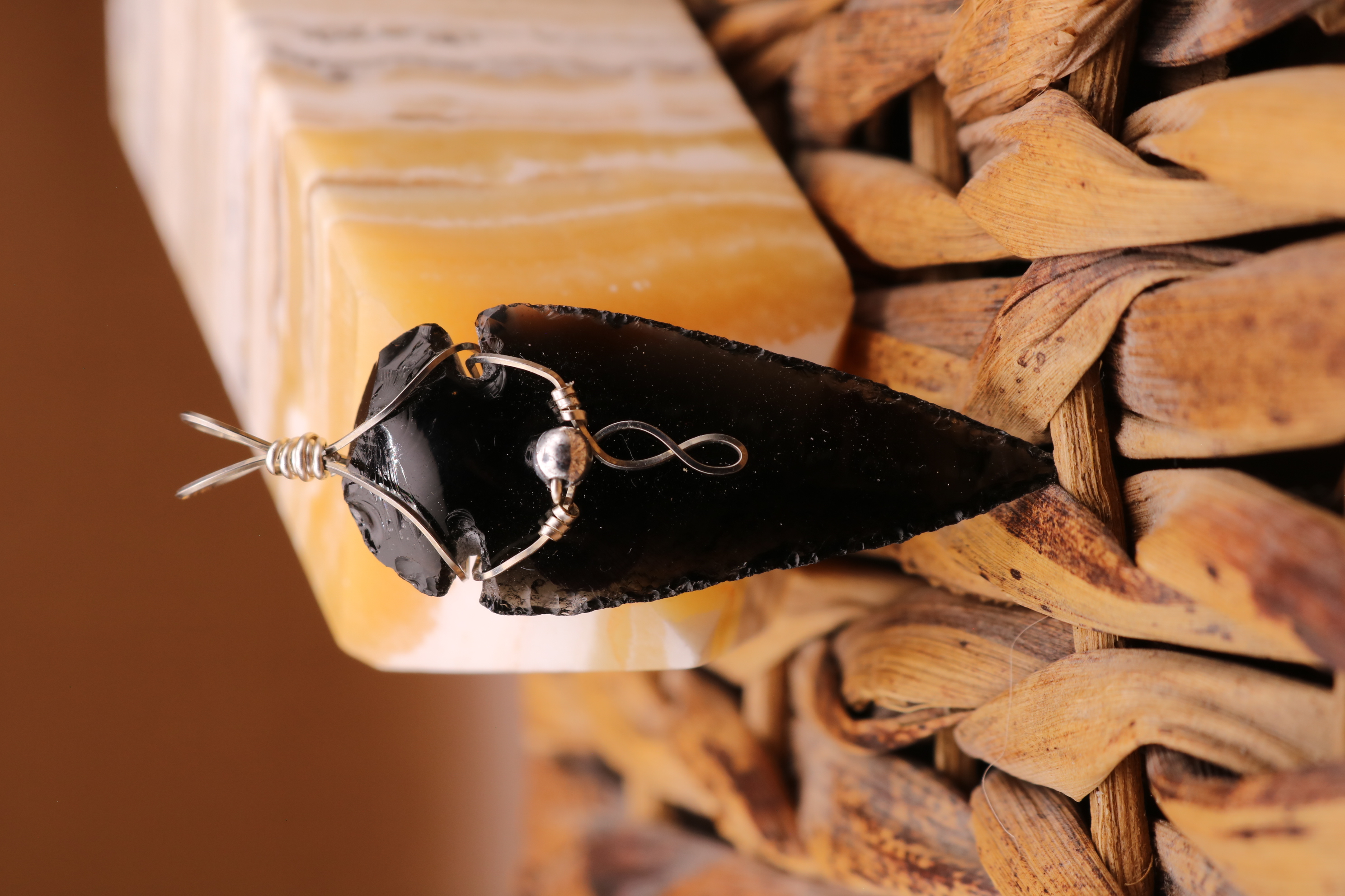 Silver Wire Wrapped Obsidian Crystal Arrowhead Necklace Pendant