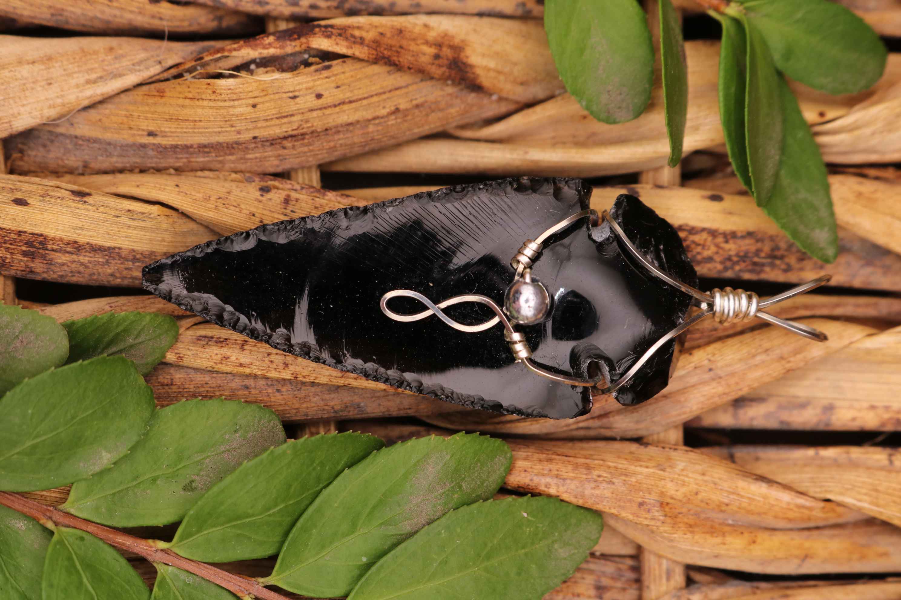 Silver Wire Wrapped Obsidian Crystal Arrowhead Necklace Pendant