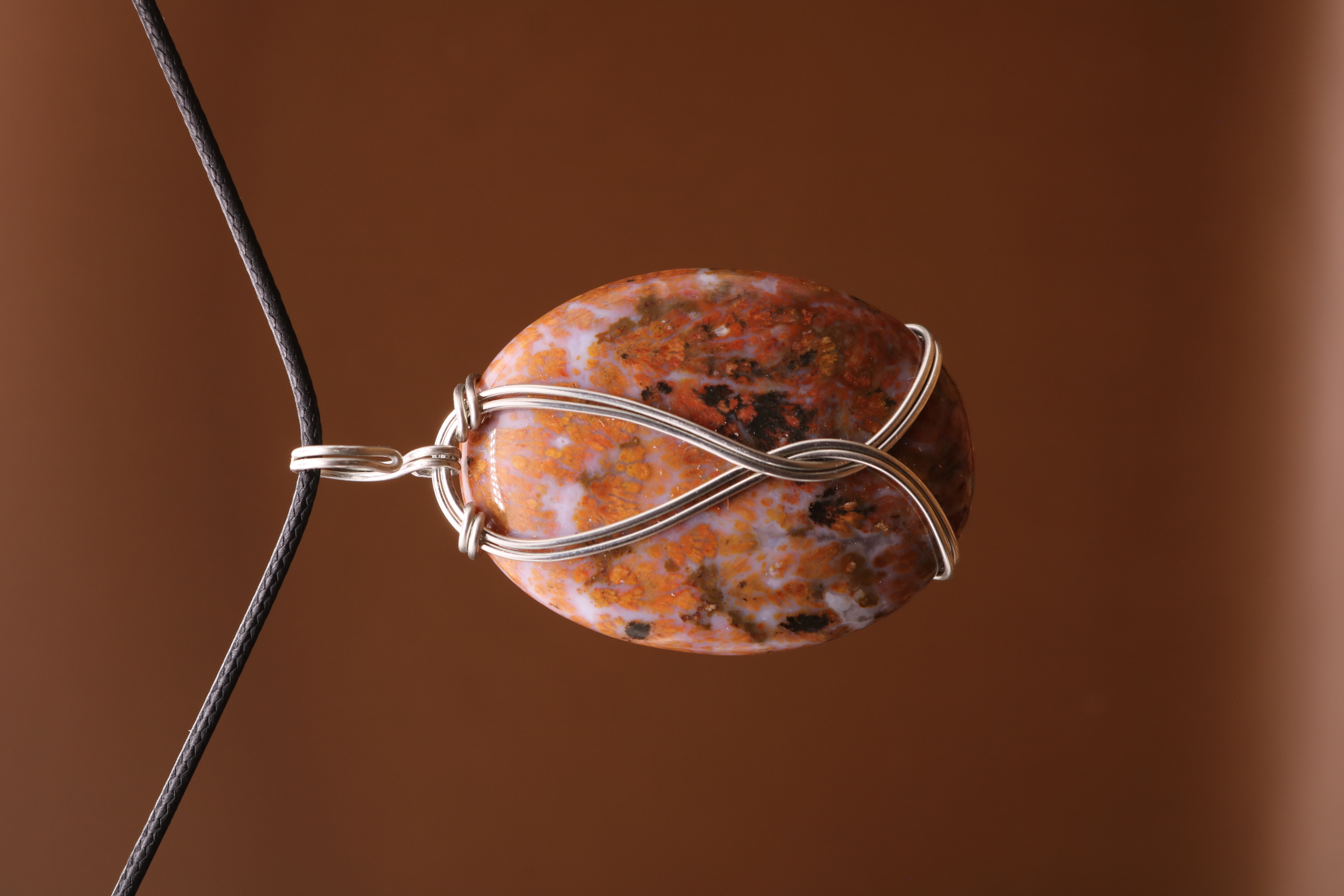 Silver Wire Wrapped Moss Agate Crystal Necklace Pendant