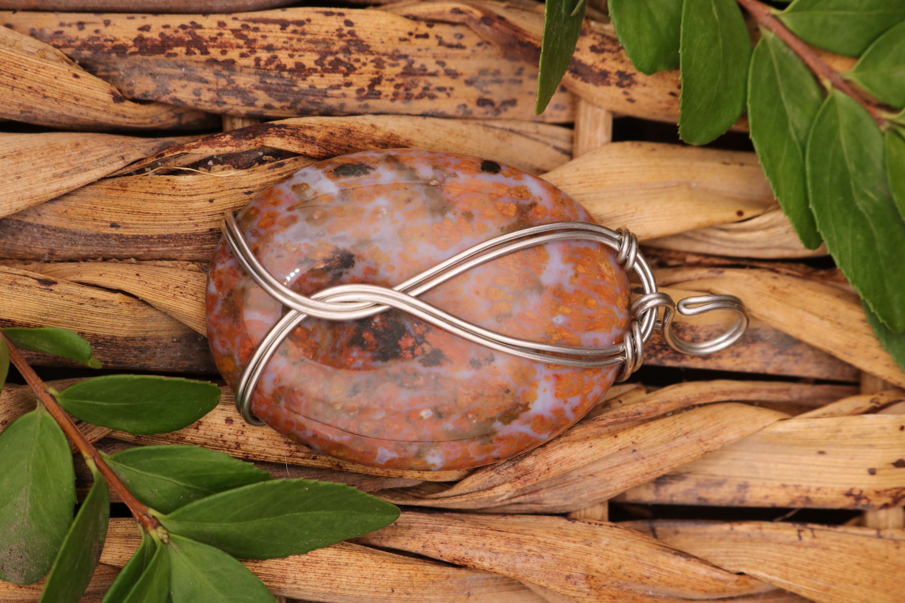 Silver Wire Wrapped Moss Agate Crystal Necklace Pendant