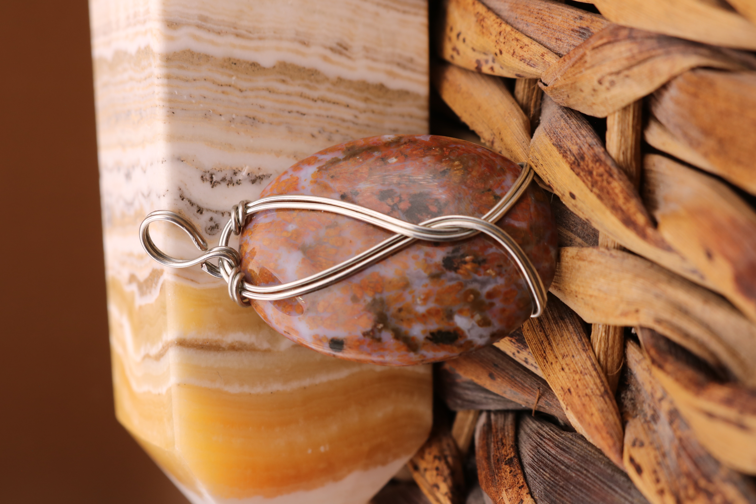 Silver Wire Wrapped Moss Agate Crystal Necklace Pendant