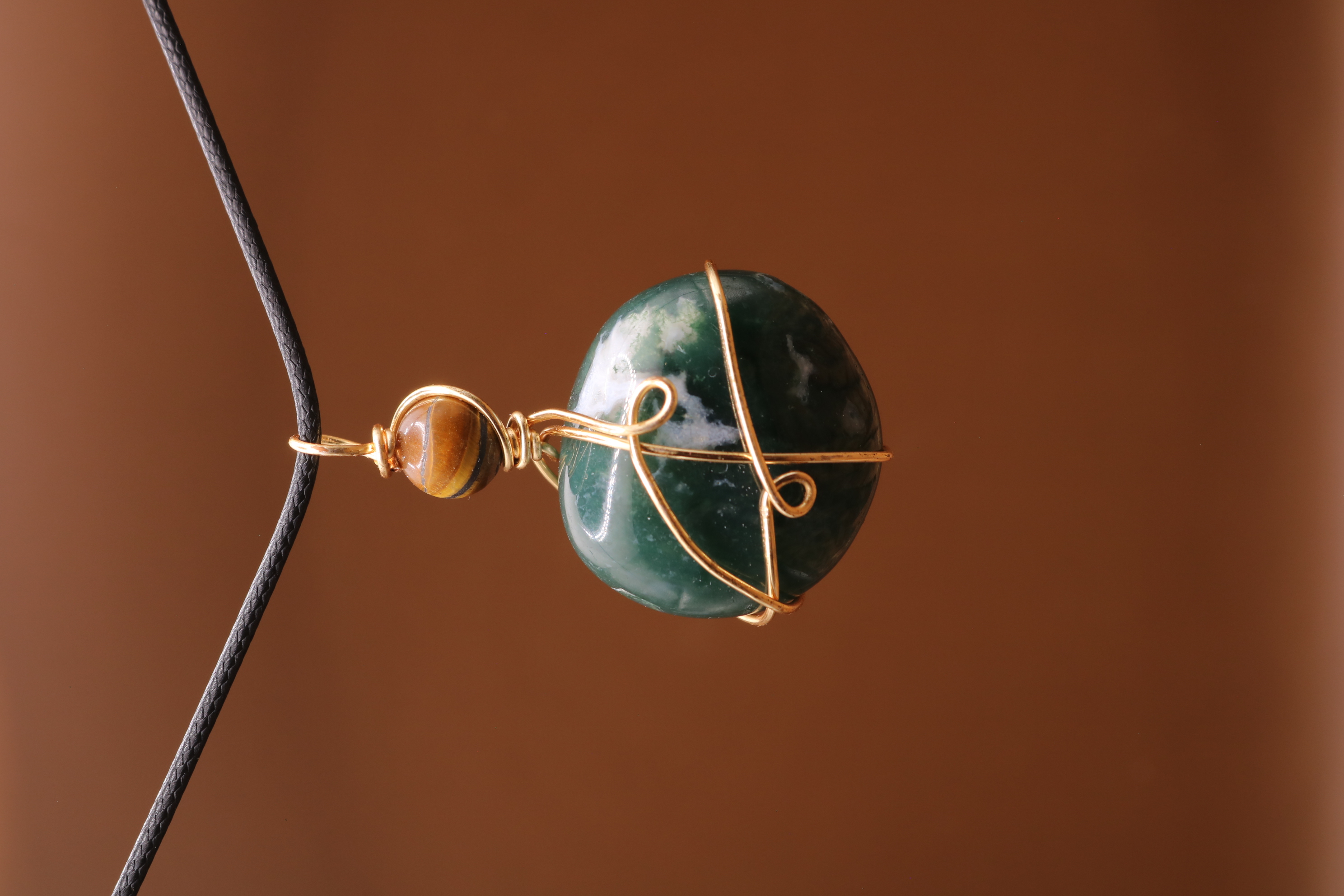 Gold Wire Wrapped Moss Agate and Tiger's Eye Crystal Necklace Pendant