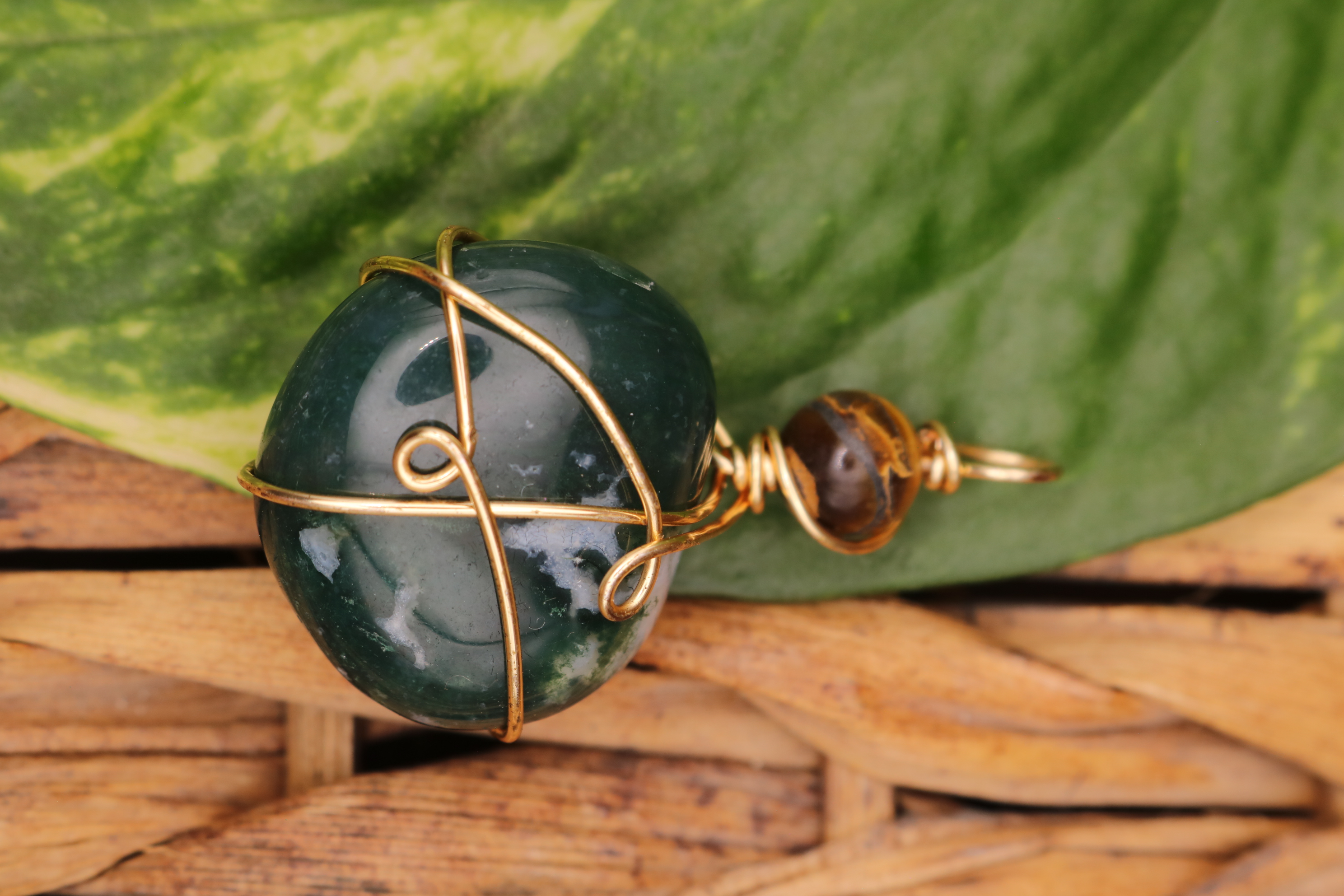Gold Wire Wrapped Moss Agate and Tiger's Eye Crystal Necklace Pendant