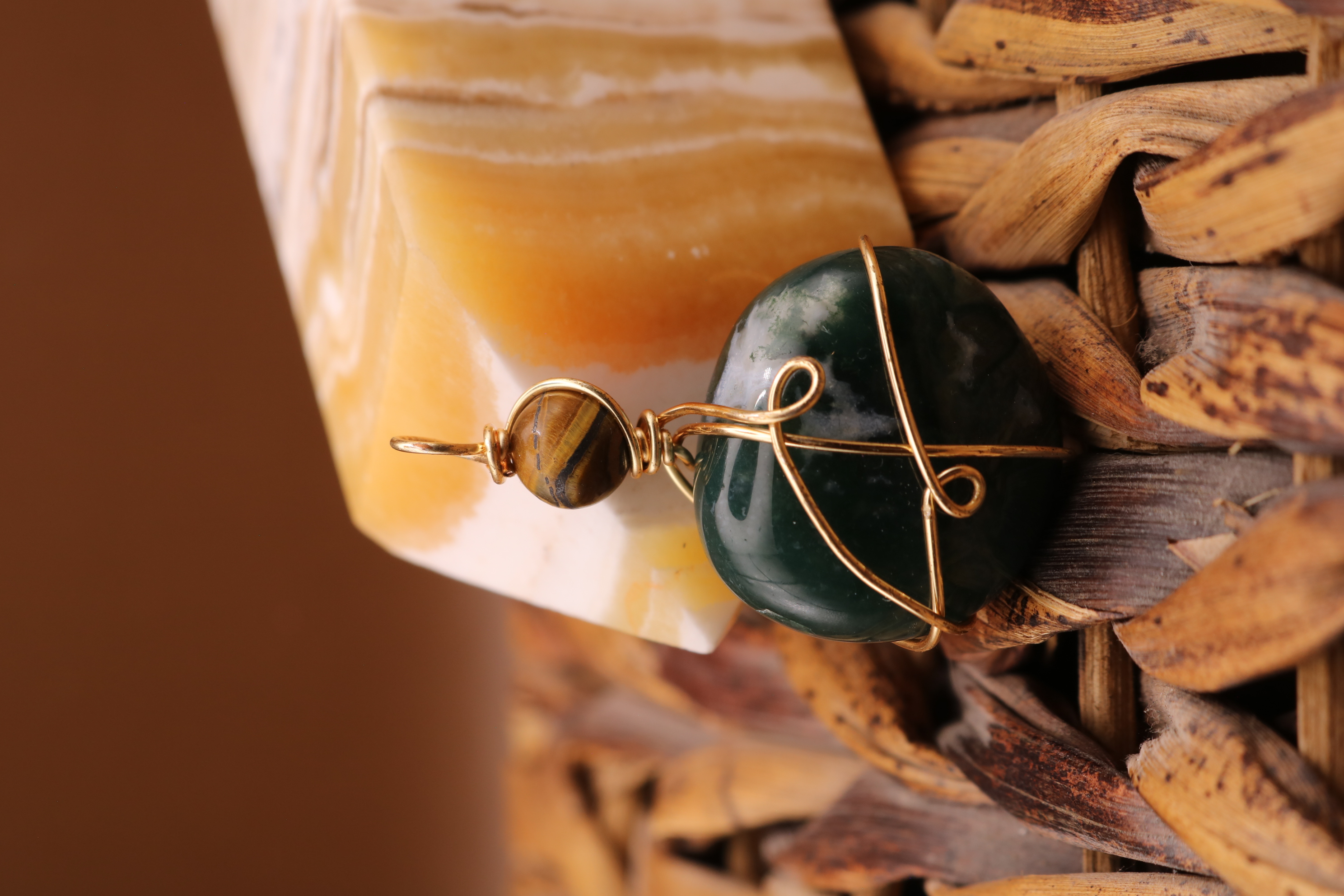 Gold Wire Wrapped Moss Agate and Tiger's Eye Crystal Necklace Pendant