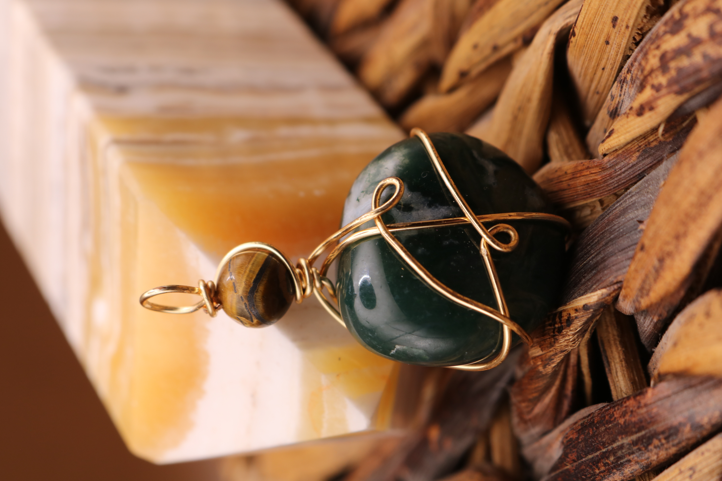 Gold Wire Wrapped Moss Agate and Tiger's Eye Crystal Necklace Pendant