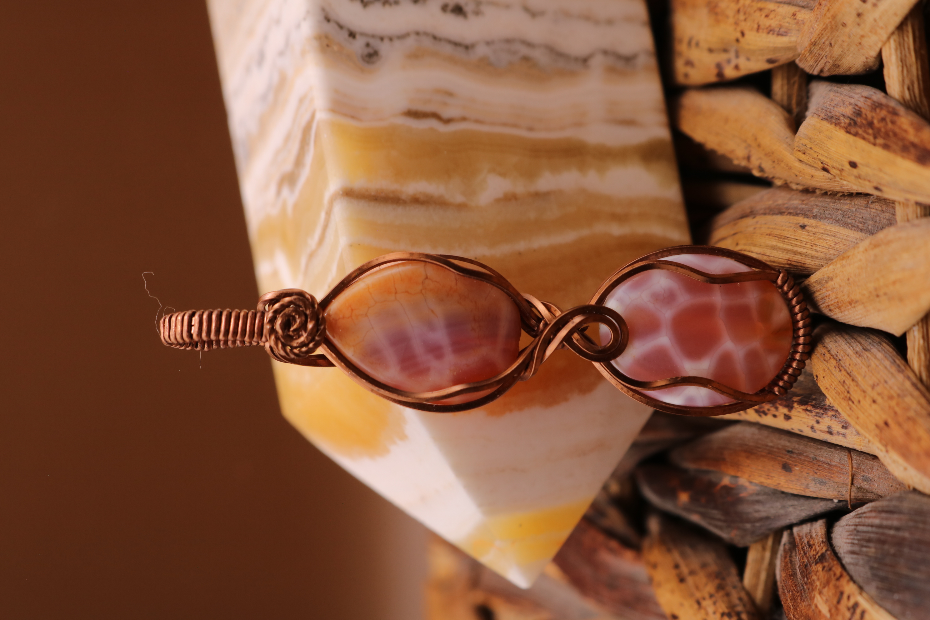Copper Wire Wrapped Crab Fire Agate Crystal Necklace Pendant