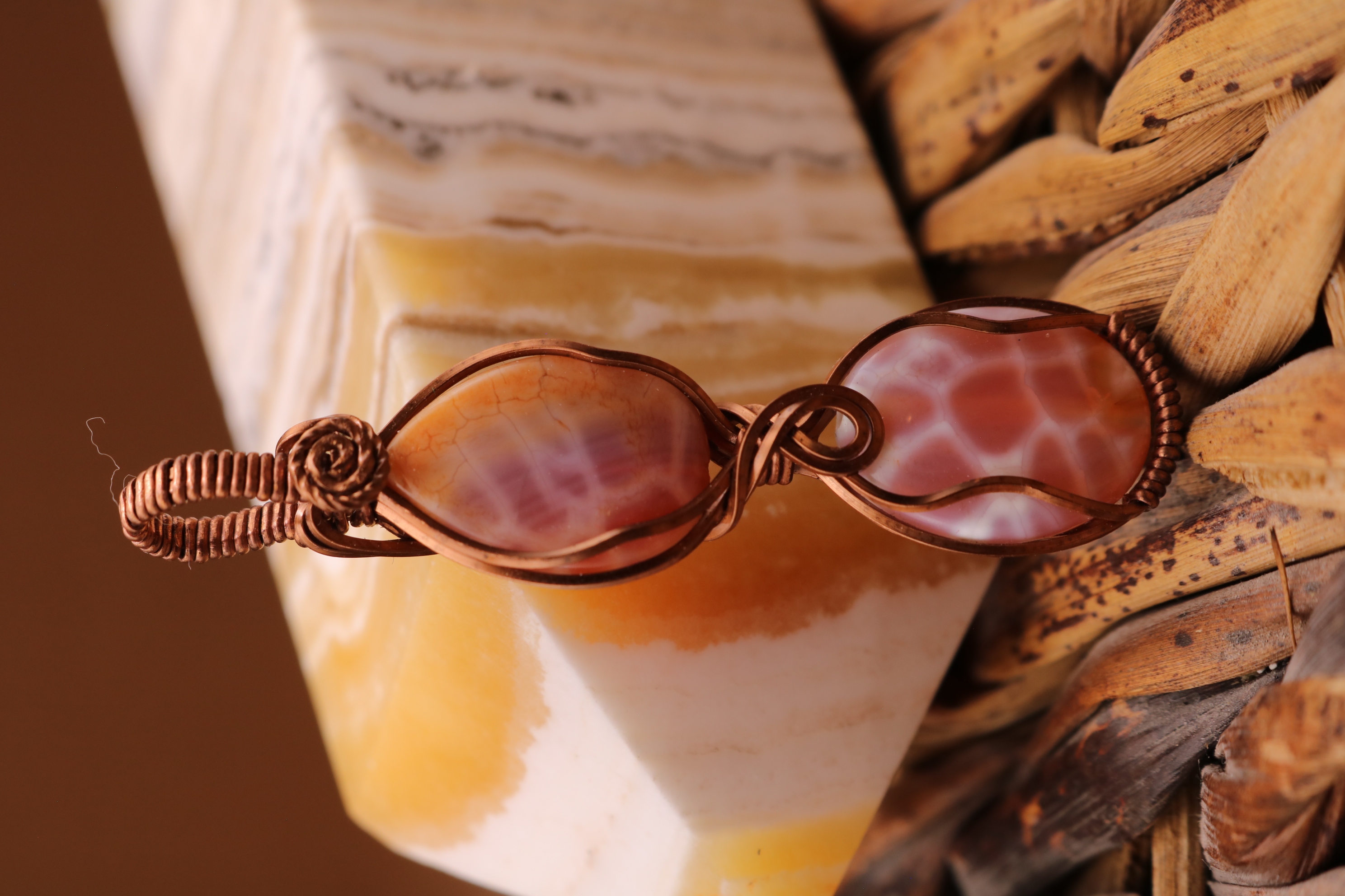 Copper Wire Wrapped Crab Fire Agate Crystal Necklace Pendant