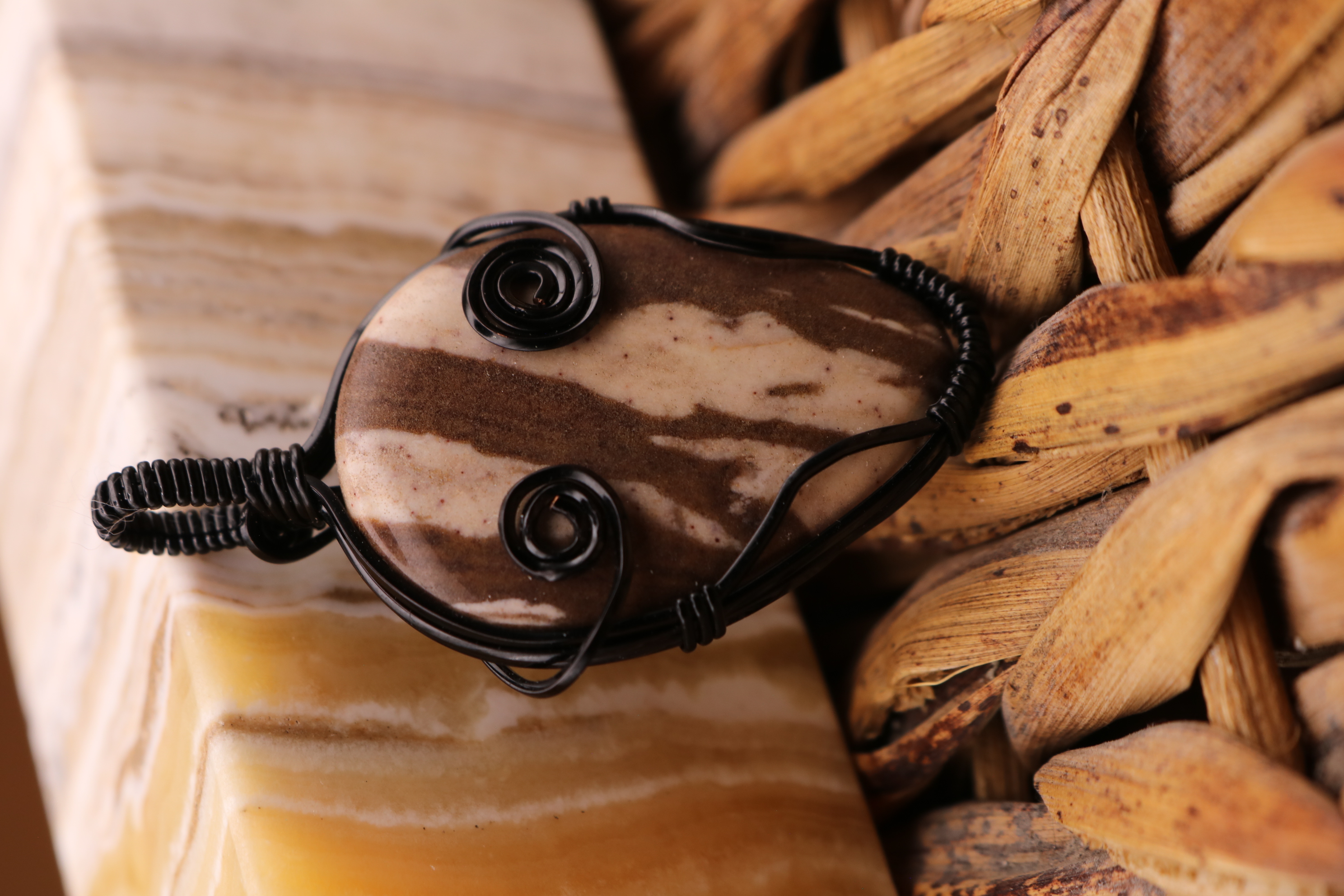 Black Wire Wrapped Zebra Jasper Crystal Necklace Pendant