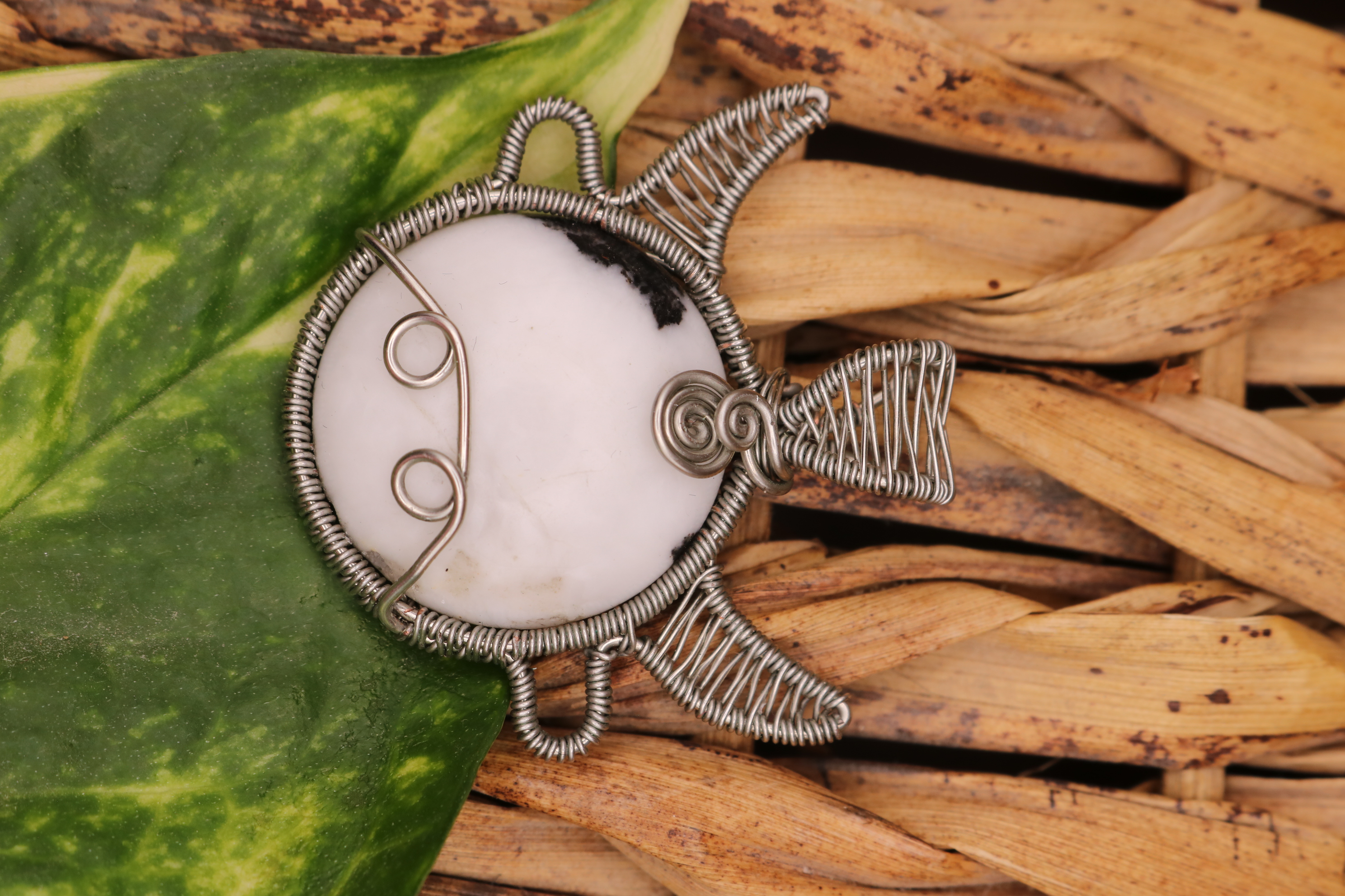 Silver Wire Wrapped Zebra Stone Crystal Cow Necklace Pendant