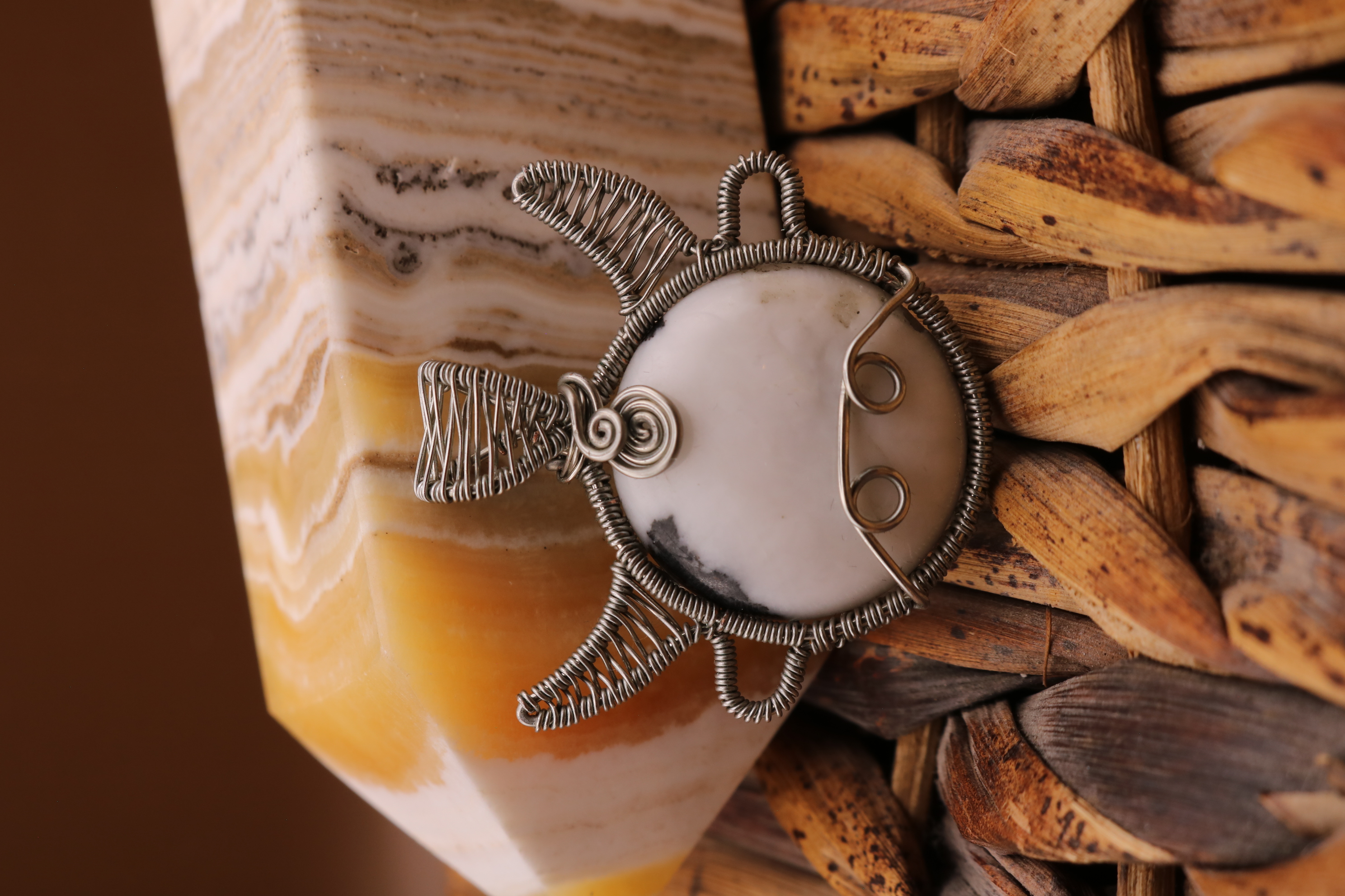 Silver Wire Wrapped Zebra Stone Crystal Cow Necklace Pendant