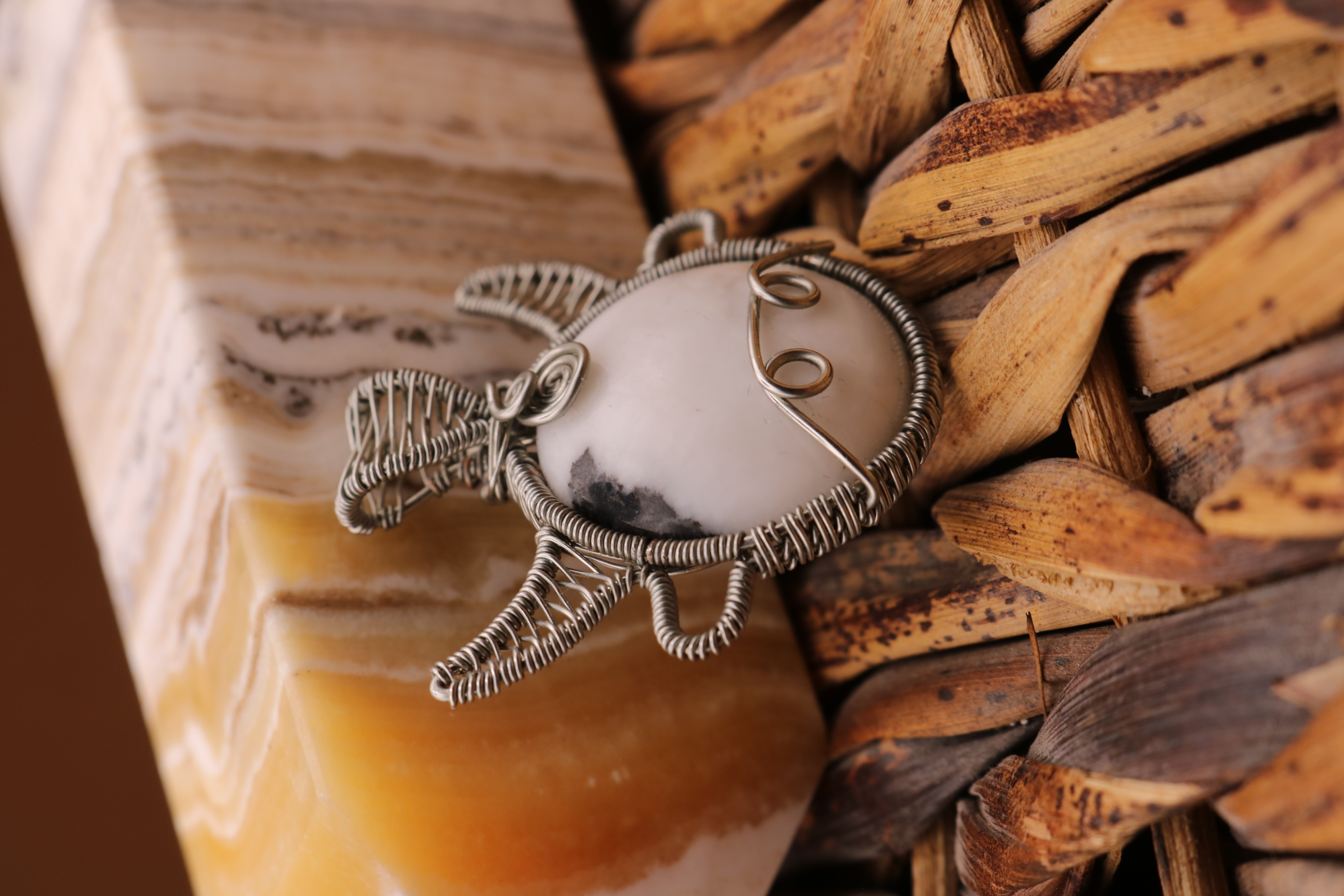 Silver Wire Wrapped Zebra Stone Crystal Cow Necklace Pendant