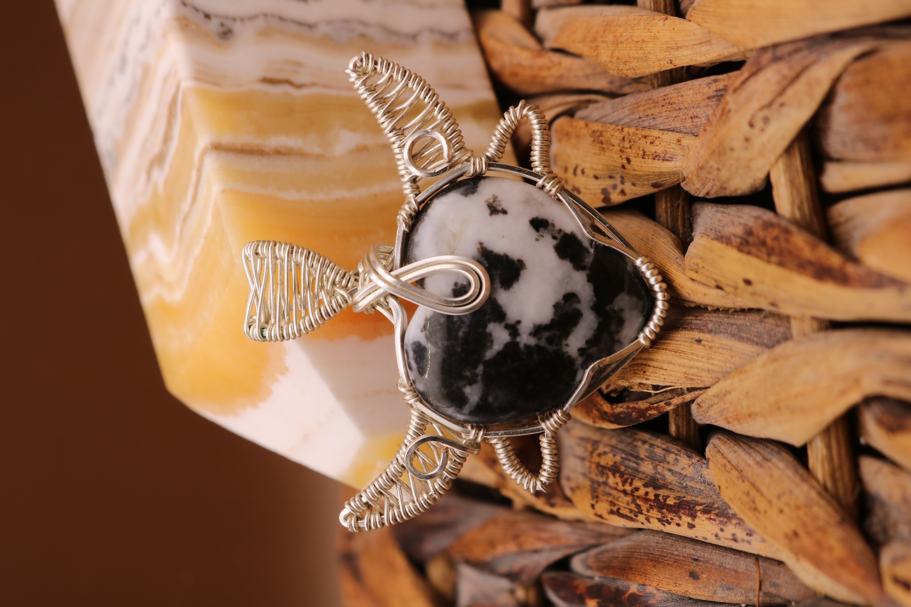 Silver Wire Wrapped Zebra Stone Crystal Cow Necklace Pendant