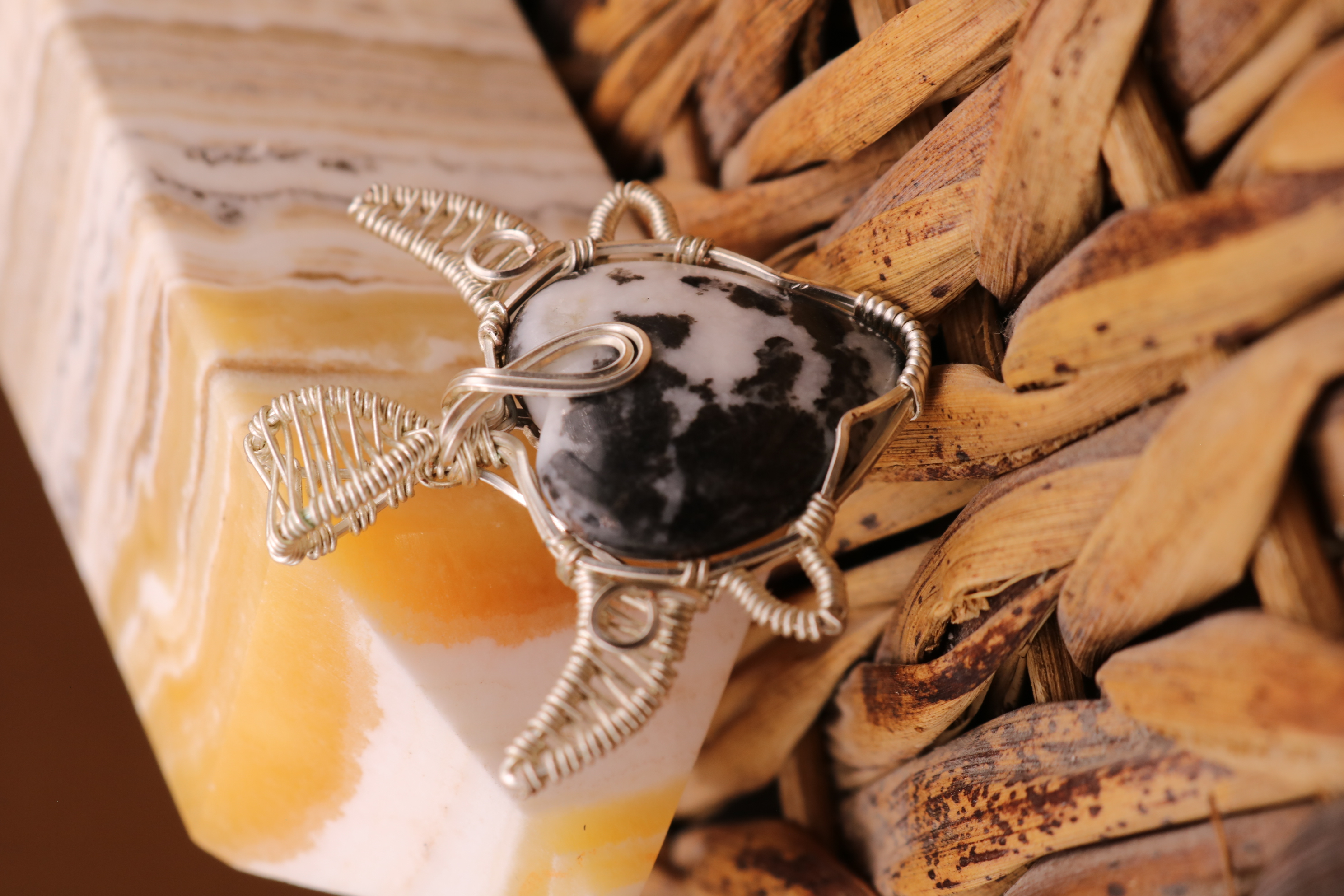 Silver Wire Wrapped Zebra Stone Crystal Cow Necklace Pendant