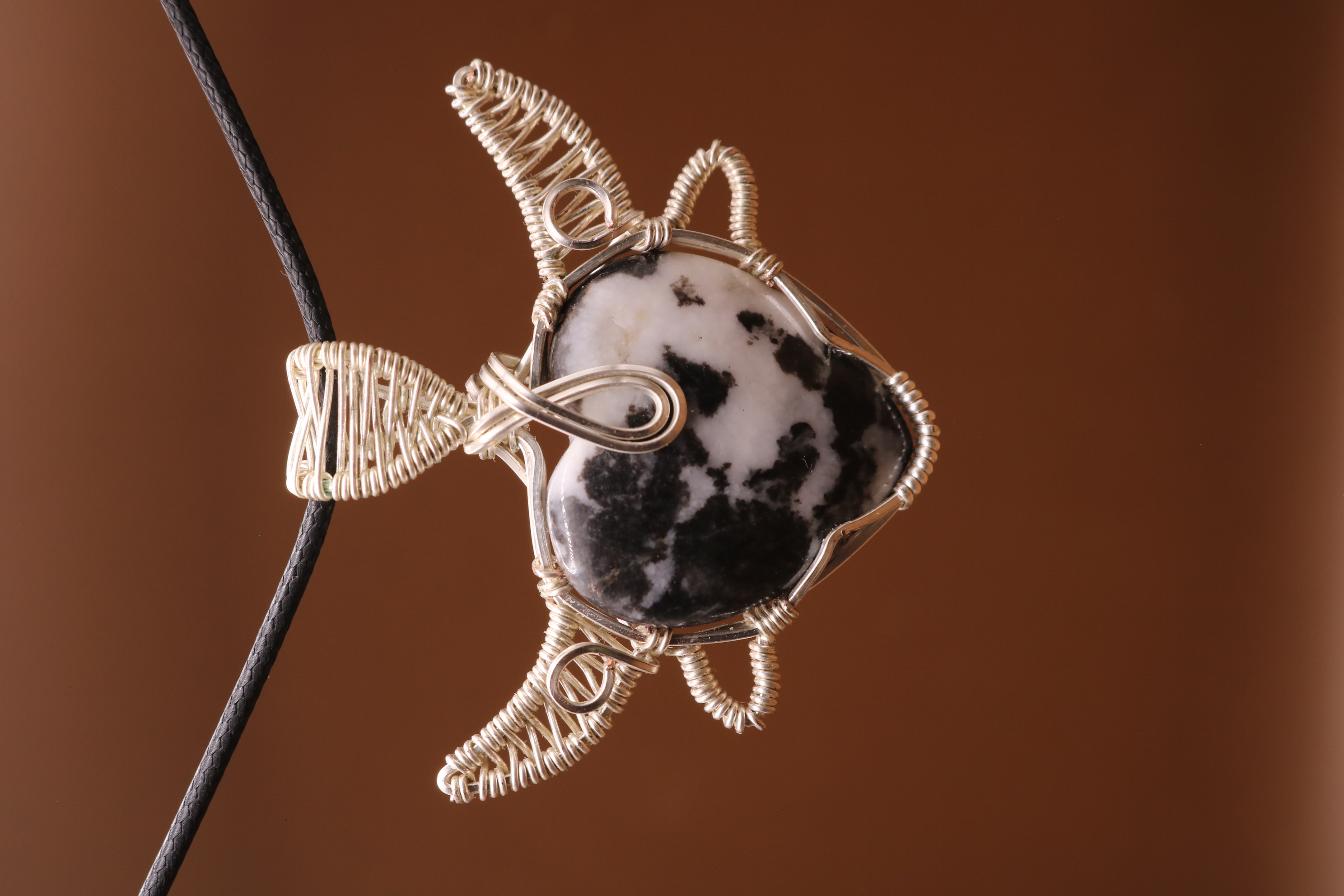 Silver Wire Wrapped Zebra Stone Crystal Cow Necklace Pendant