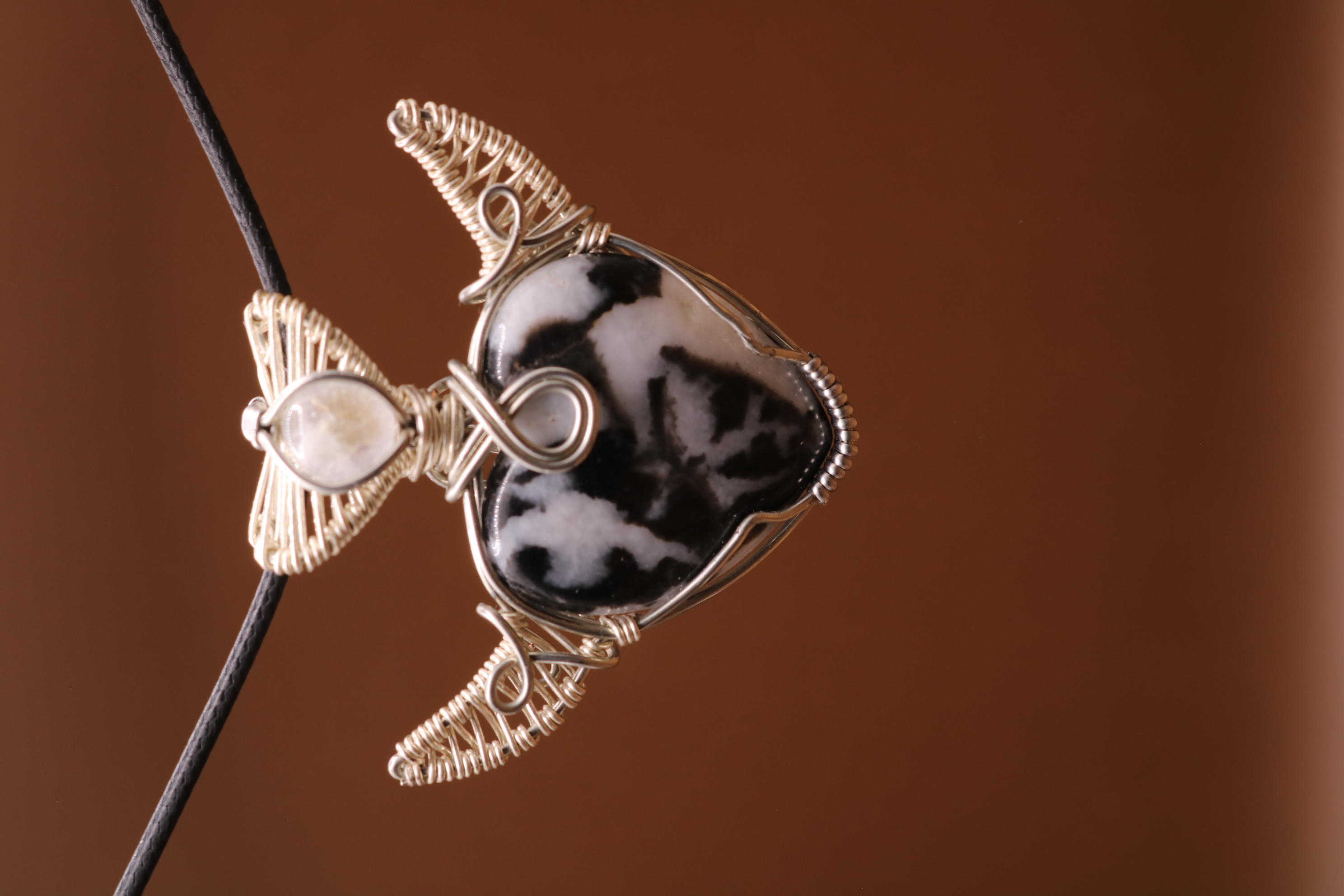 Silver Wire Wrapped Zebra Stone and Moonstone Crystal Cow Necklace Pendant