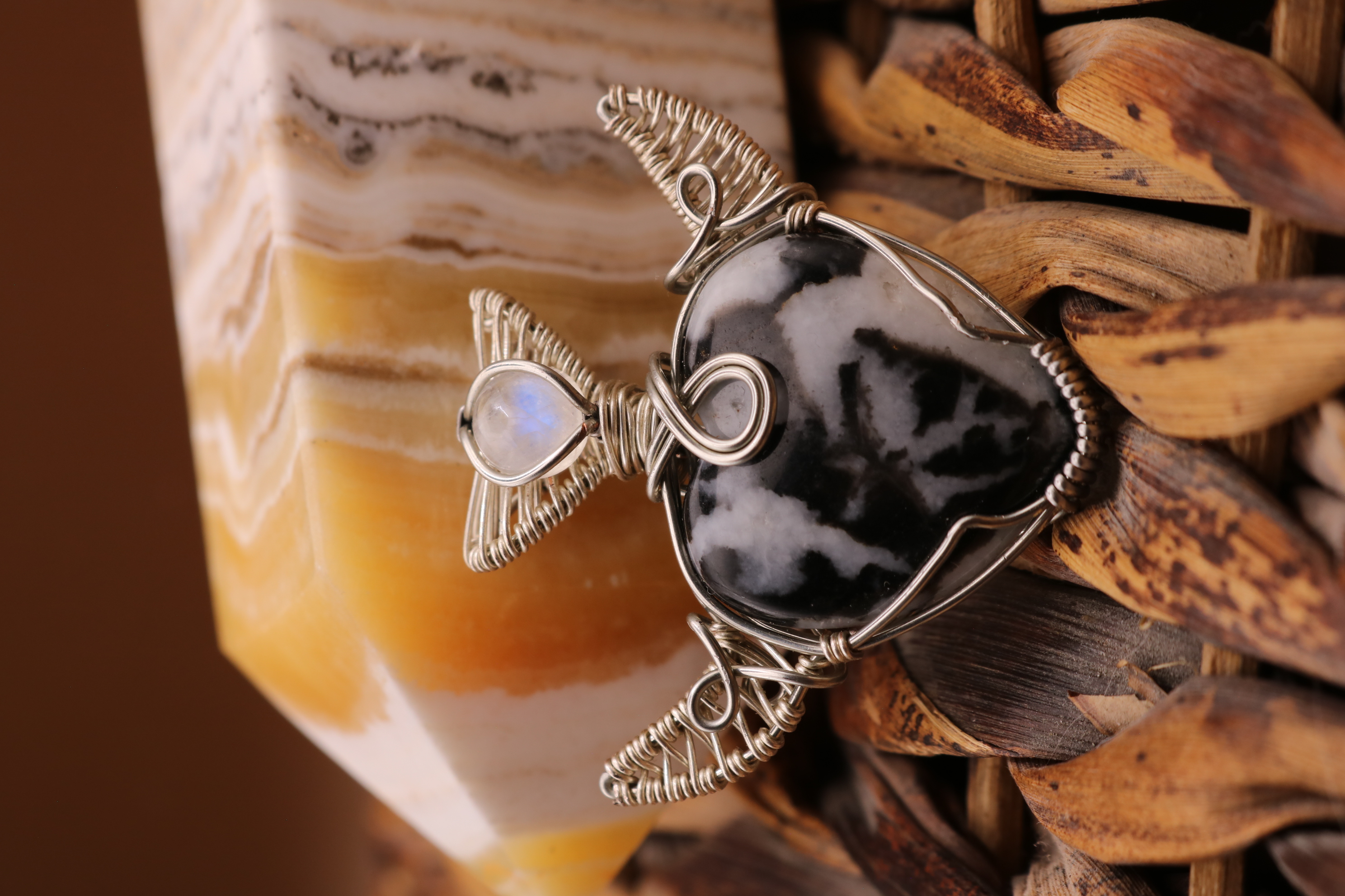 Silver Wire Wrapped Zebra Stone and Moonstone Crystal Cow Necklace Pendant