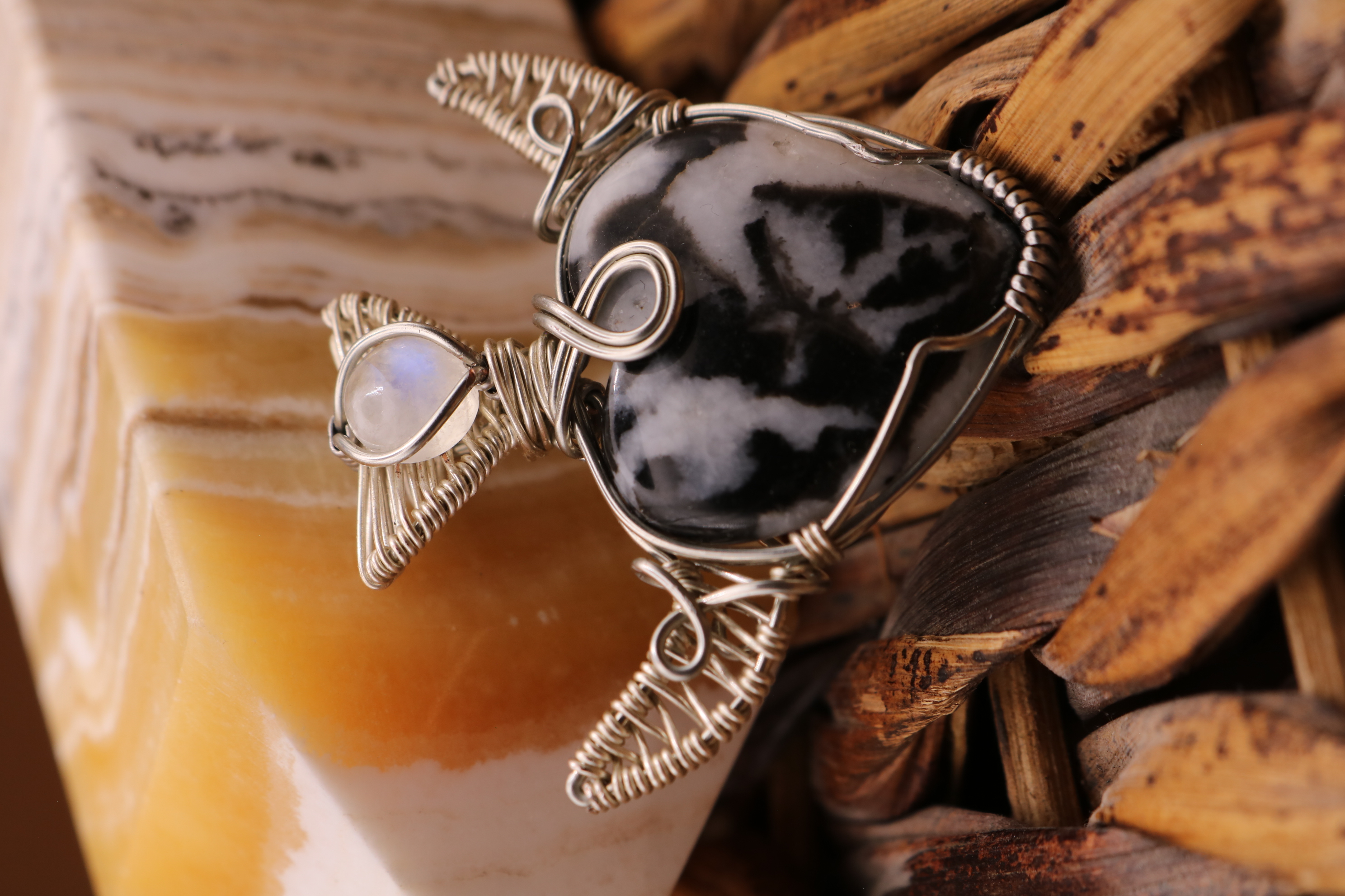 Silver Wire Wrapped Zebra Stone and Moonstone Crystal Cow Necklace Pendant