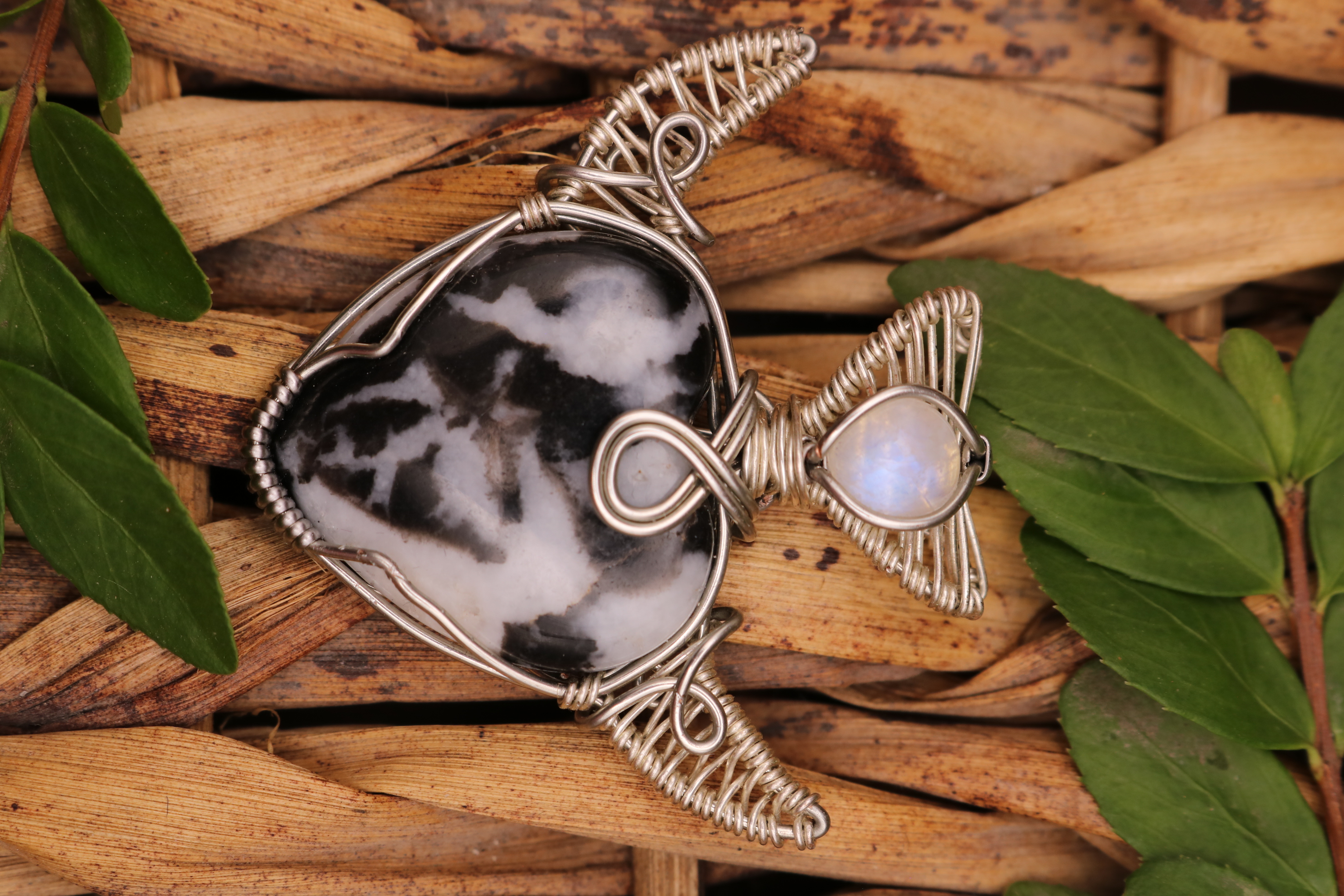 Silver Wire Wrapped Zebra Stone and Moonstone Crystal Cow Necklace Pendant