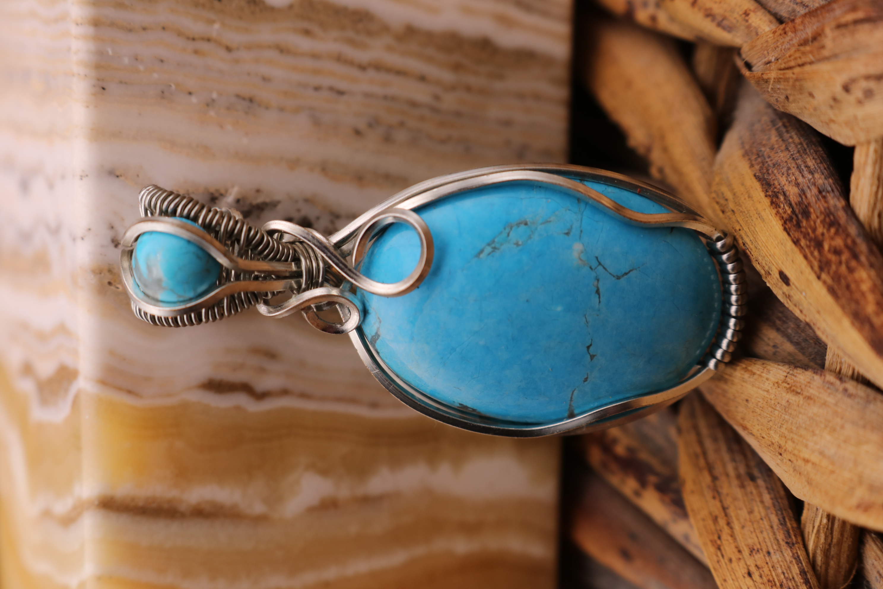 Silver Wire Wrapped Turquoise Howlite Crystal Necklace Pendant