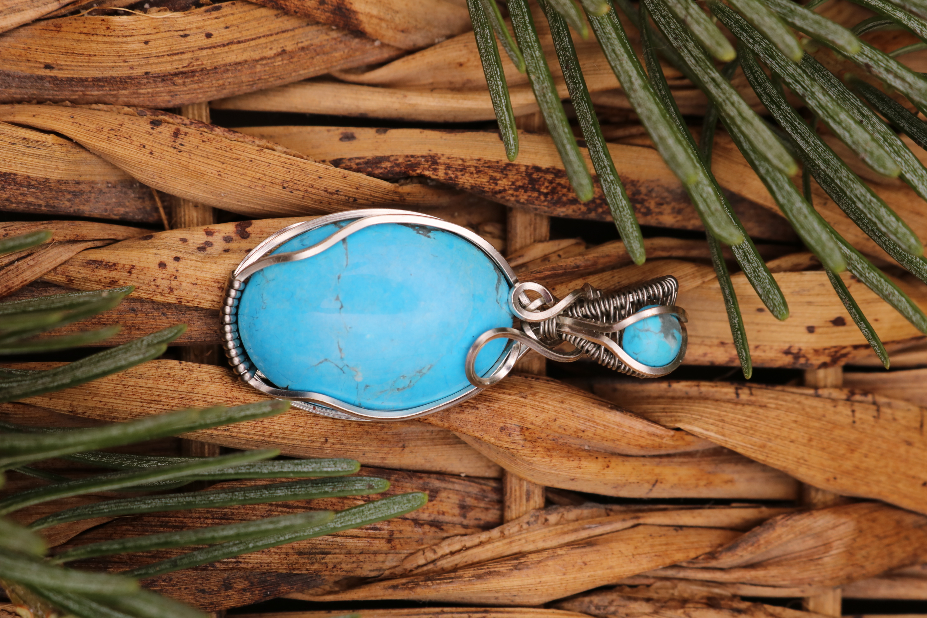 Silver Wire Wrapped Turquoise Howlite Crystal Necklace Pendant