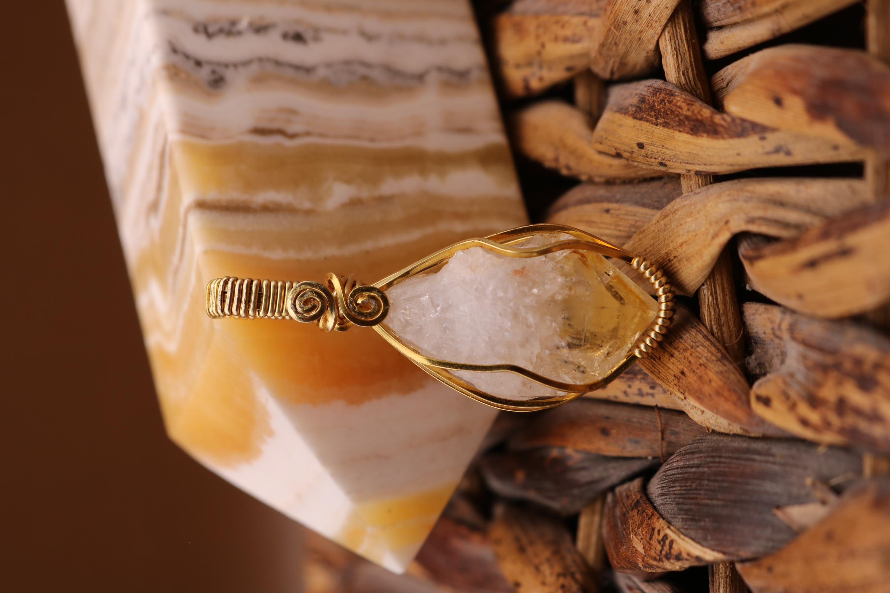 Gold Wire Wrapped Citrine Crystal Necklace Pendant