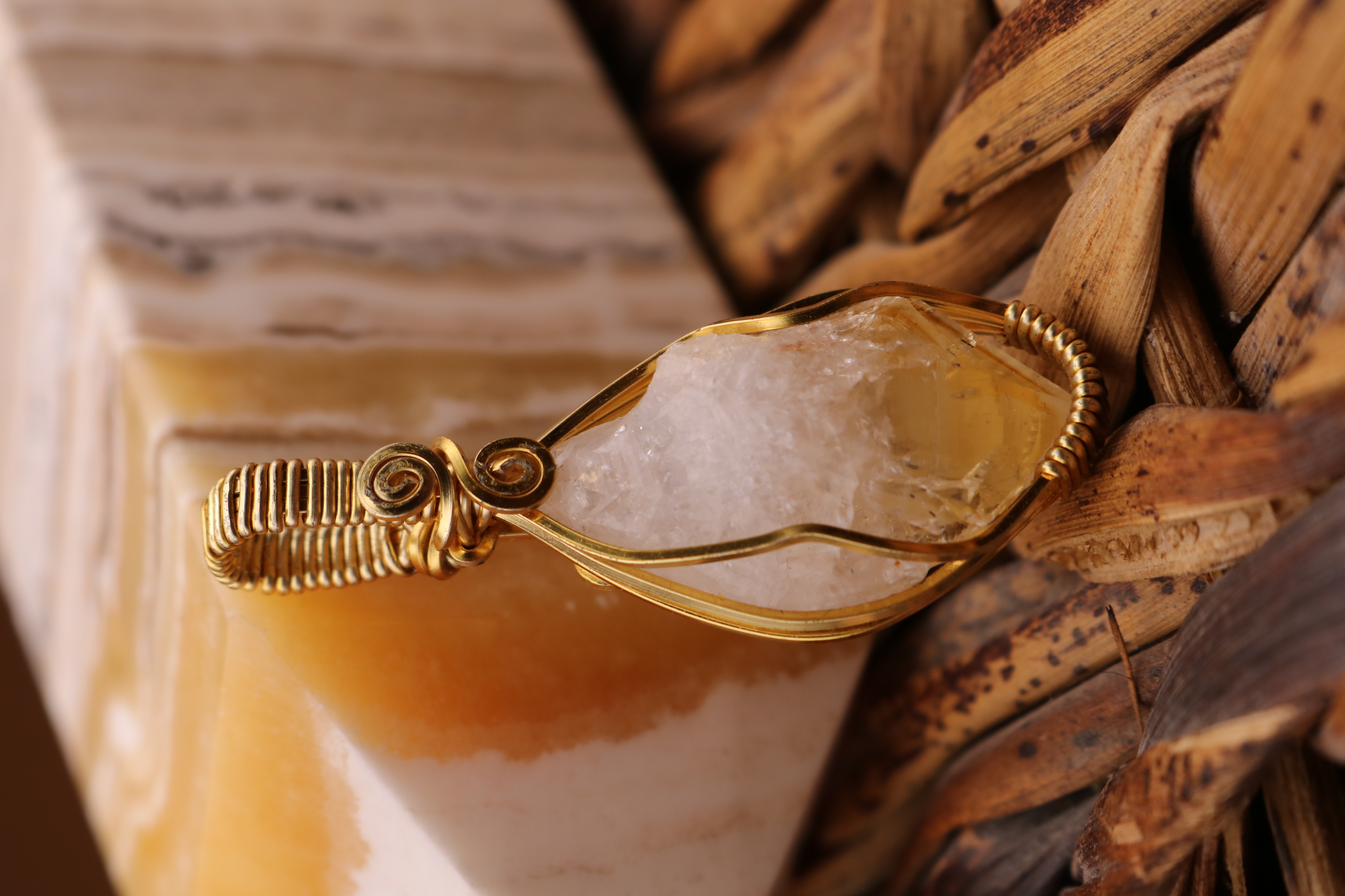 Gold Wire Wrapped Citrine Crystal Necklace Pendant