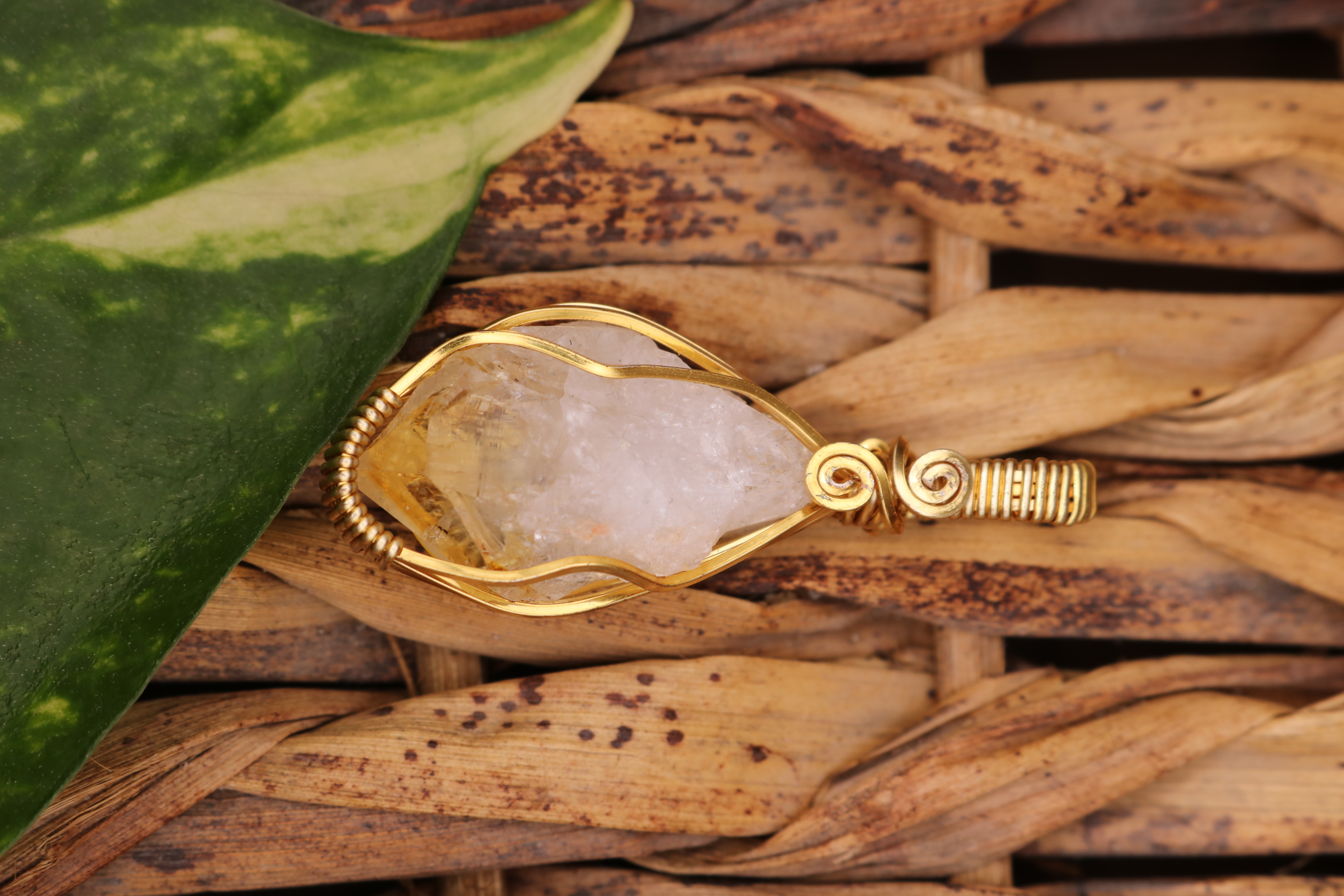 Gold Wire Wrapped Citrine Crystal Necklace Pendant