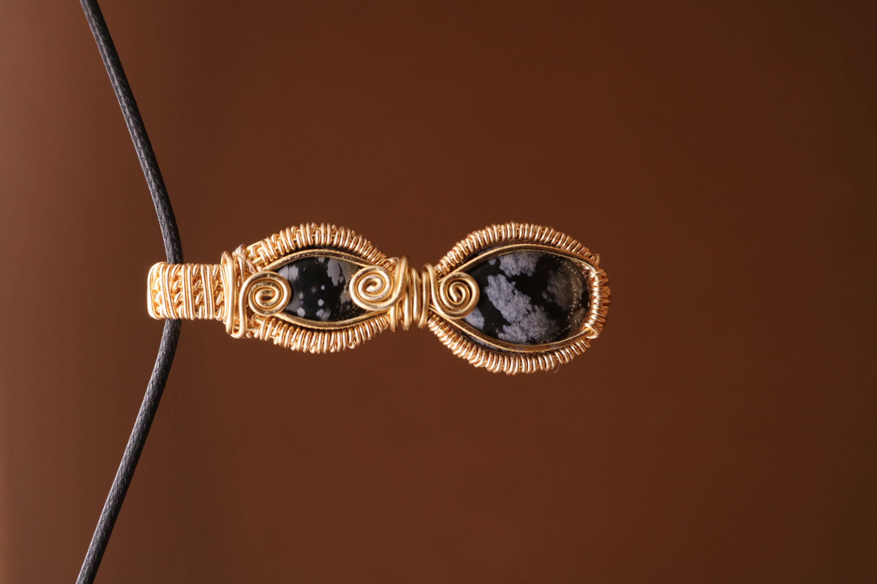 Gold Wire Wrapped Snowflake Obsidian Crystal Necklace Pendant