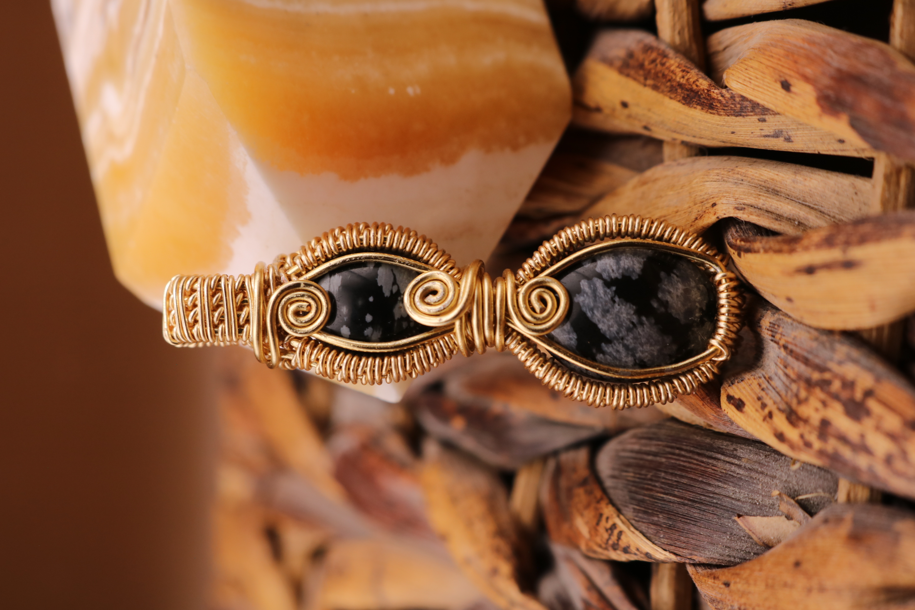 Gold Wire Wrapped Snowflake Obsidian Crystal Necklace Pendant