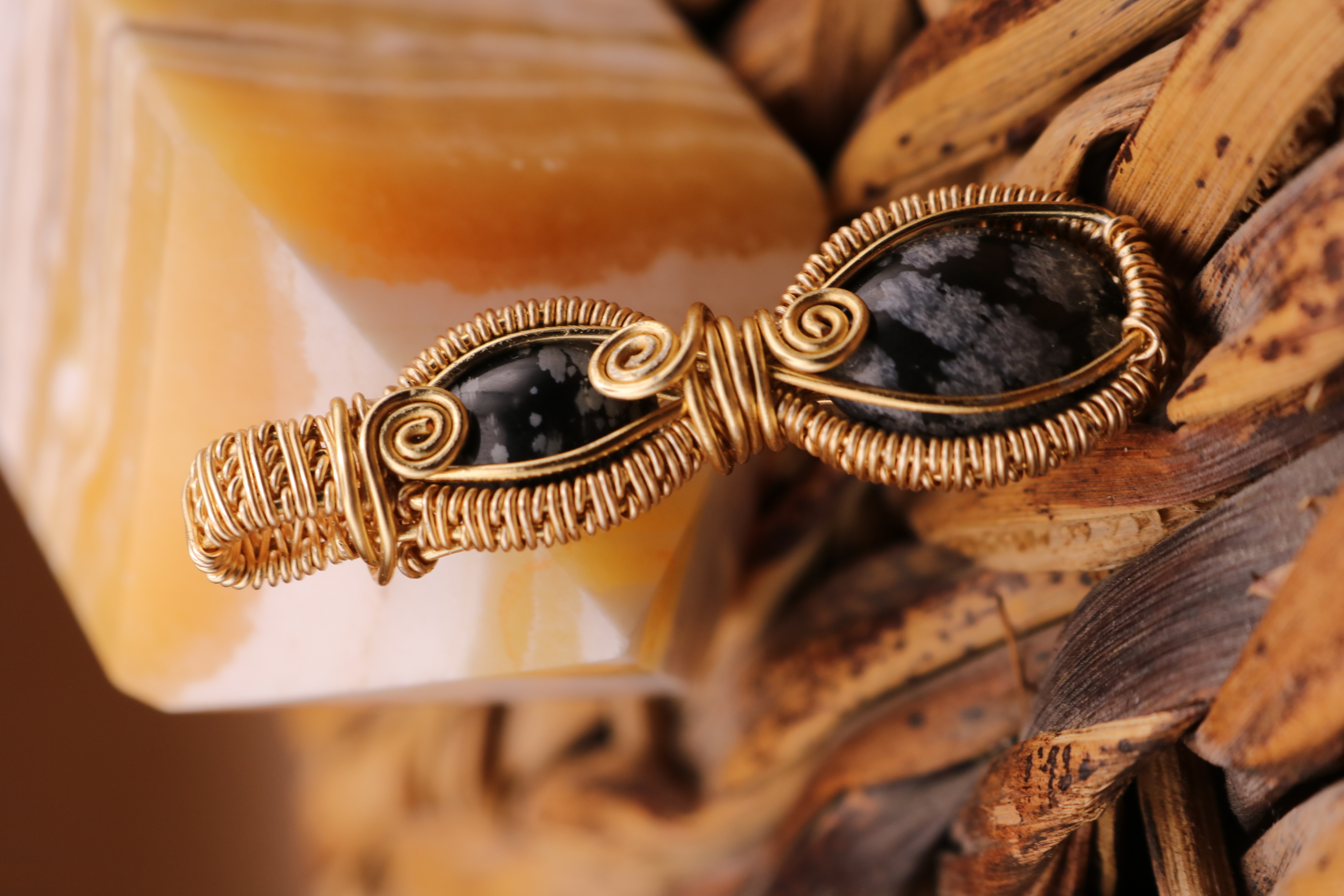 Gold Wire Wrapped Snowflake Obsidian Crystal Necklace Pendant