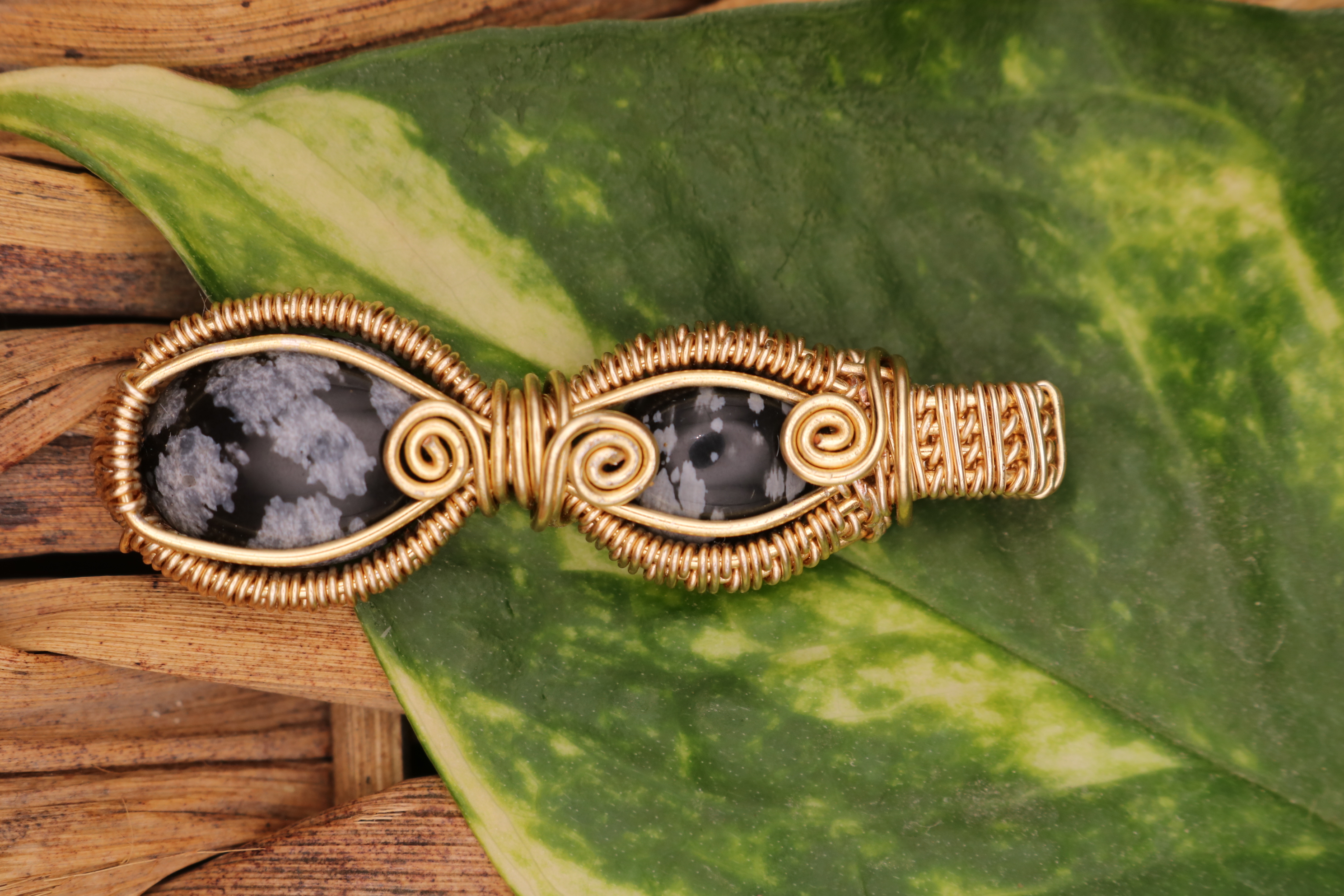 Gold Wire Wrapped Snowflake Obsidian Crystal Necklace Pendant