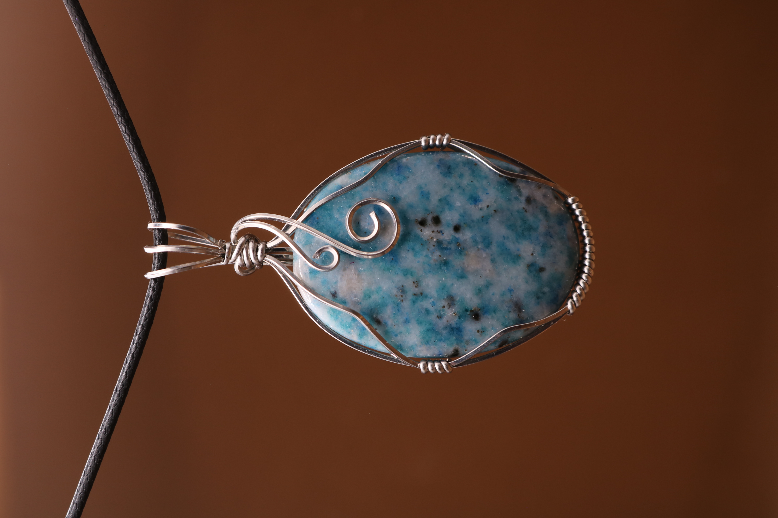 Silver Wire Wrapped Blue Apatite Crystal Necklace Pendant