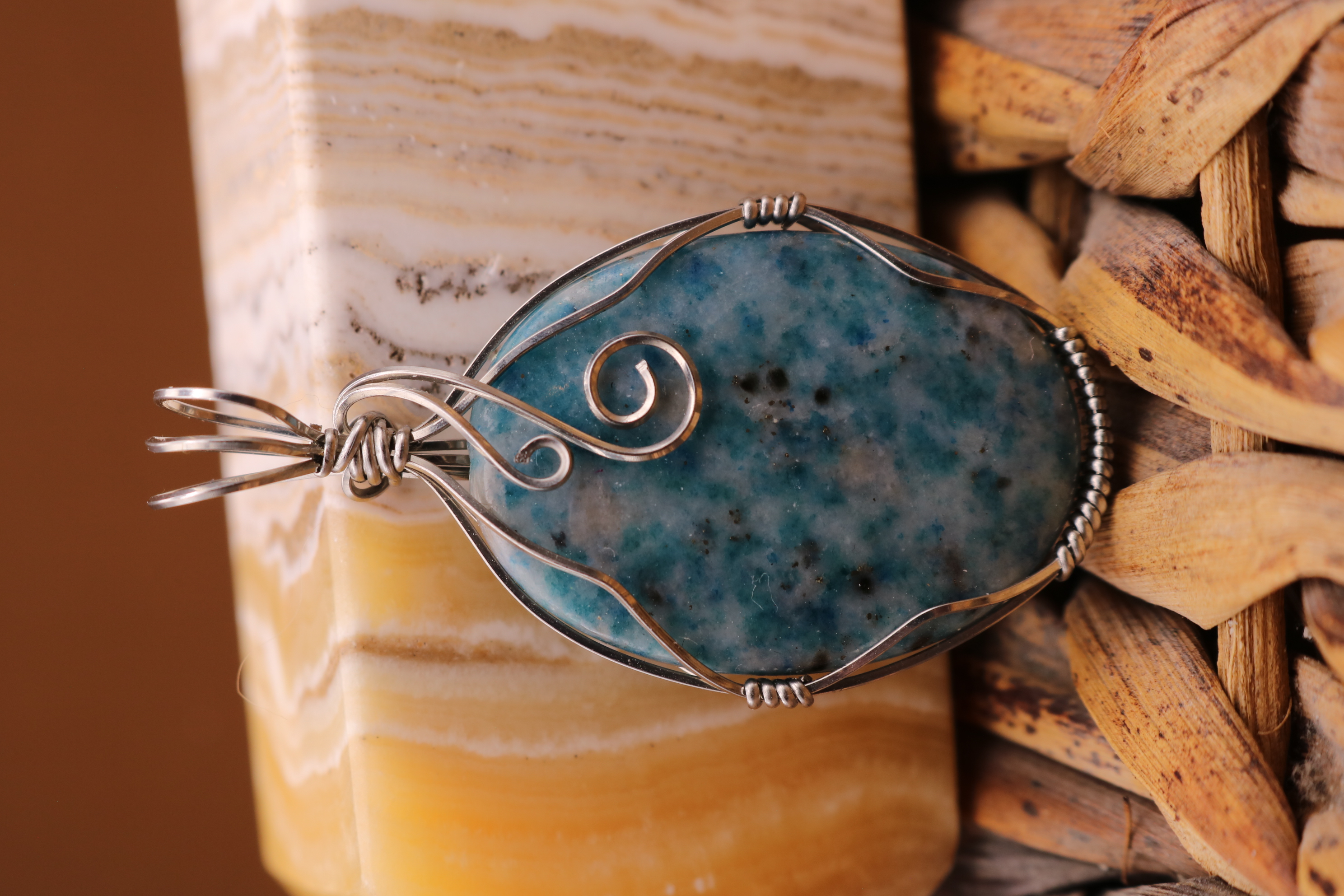 Silver Wire Wrapped Blue Apatite Crystal Necklace Pendant