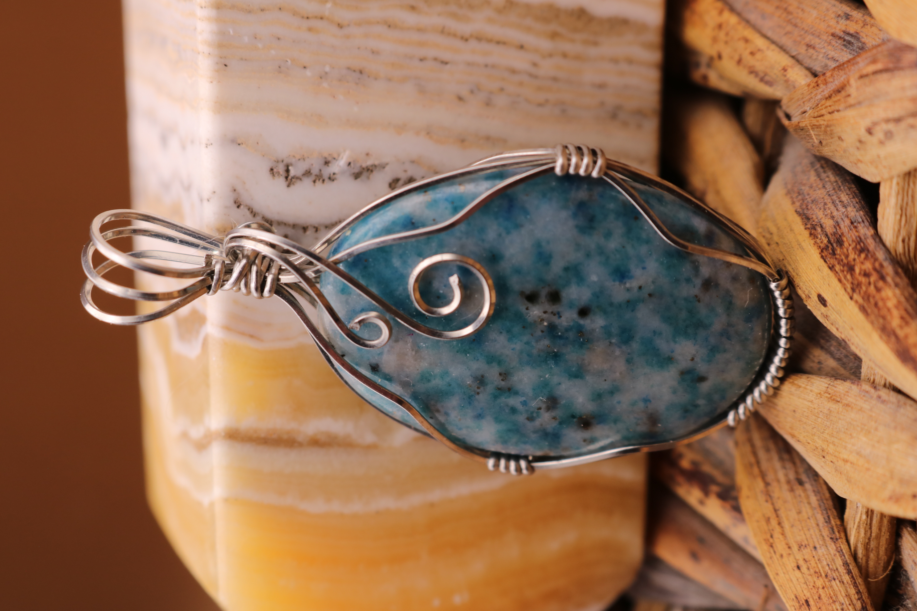 Silver Wire Wrapped Blue Apatite Crystal Necklace Pendant