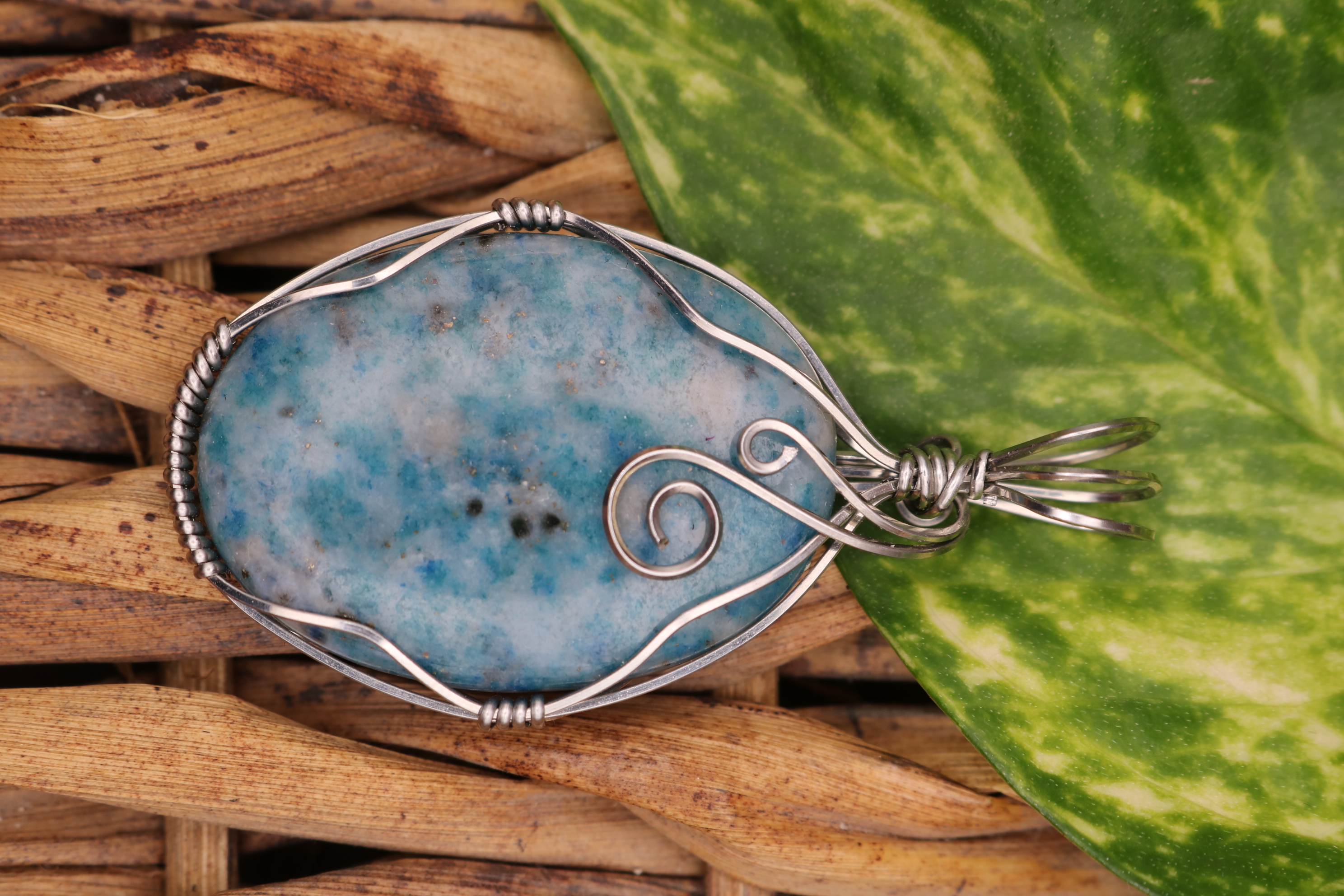 Silver Wire Wrapped Blue Apatite Crystal Necklace Pendant