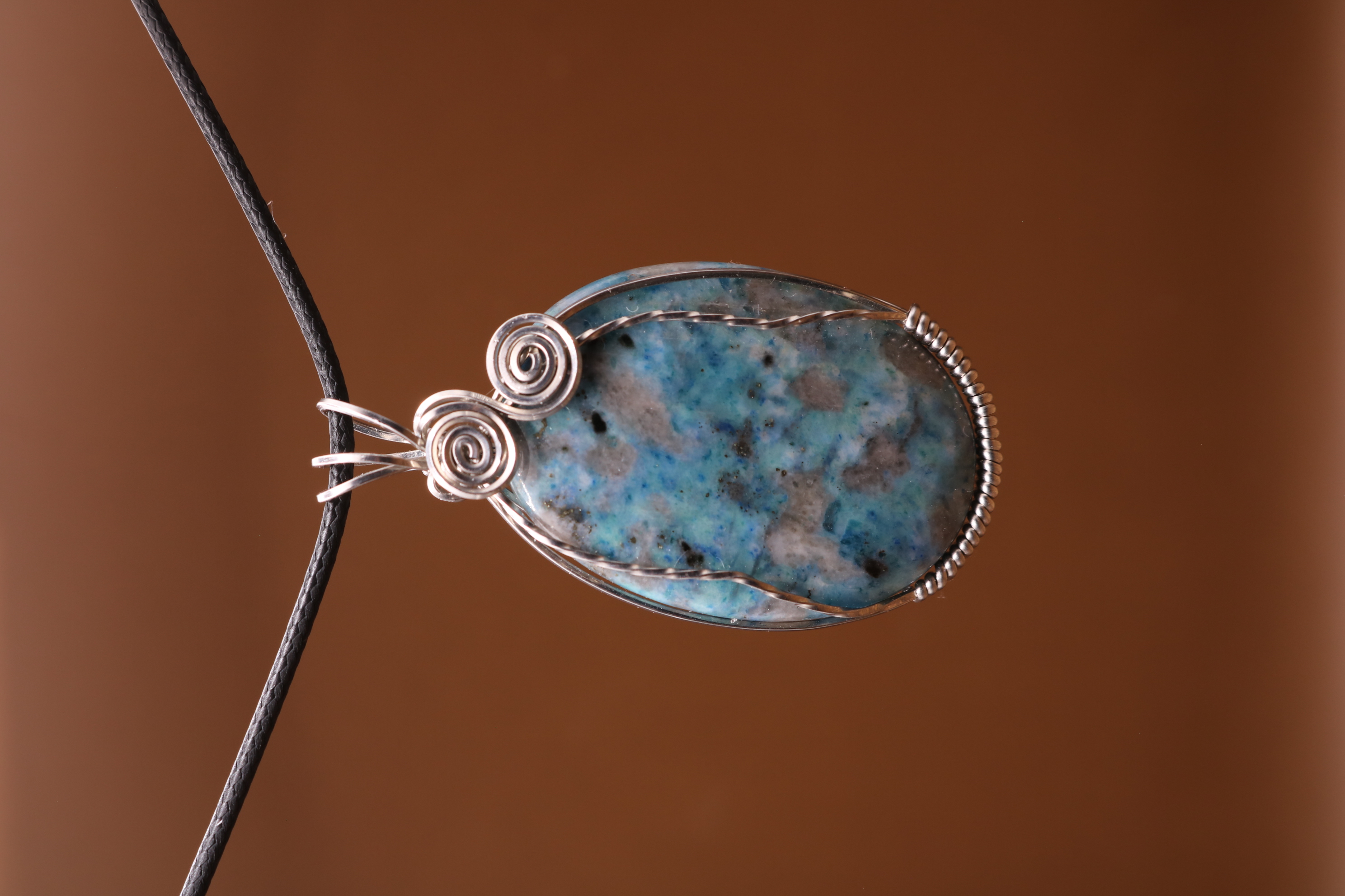 Silver Wire Wrapped Blue Apatite Crystal Necklace Pendant